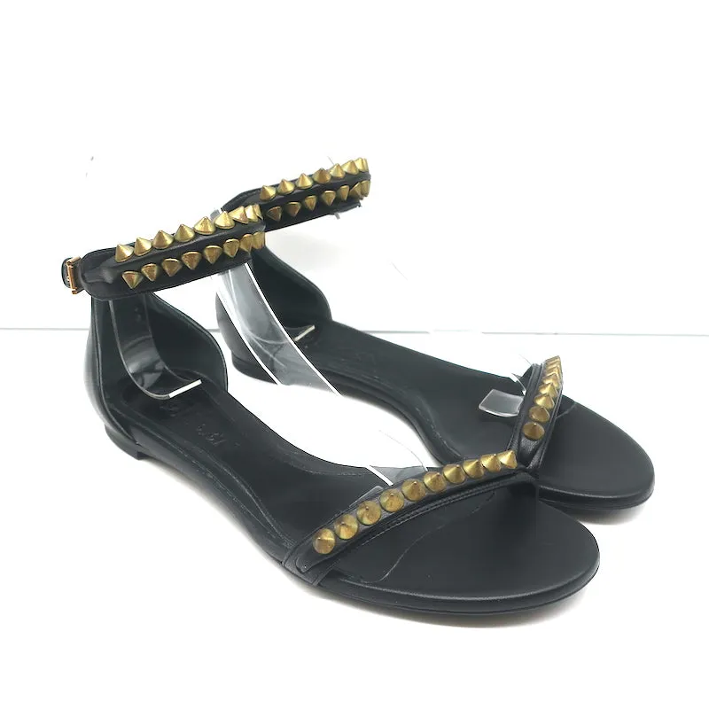 Alexander McQueen Spike Studded Ankle Strap Sandals Black Leather Size 37 NEW