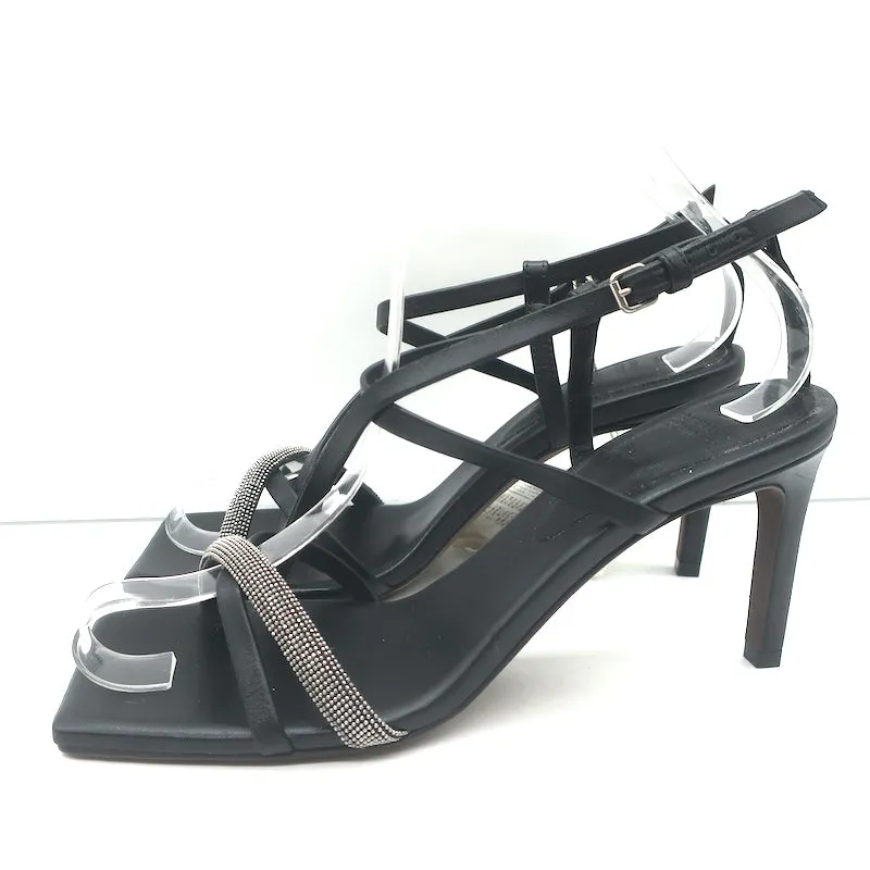 Brunello Cucinelli Monili Crisscross Sandals Black Leather Size 37.5 NEW
