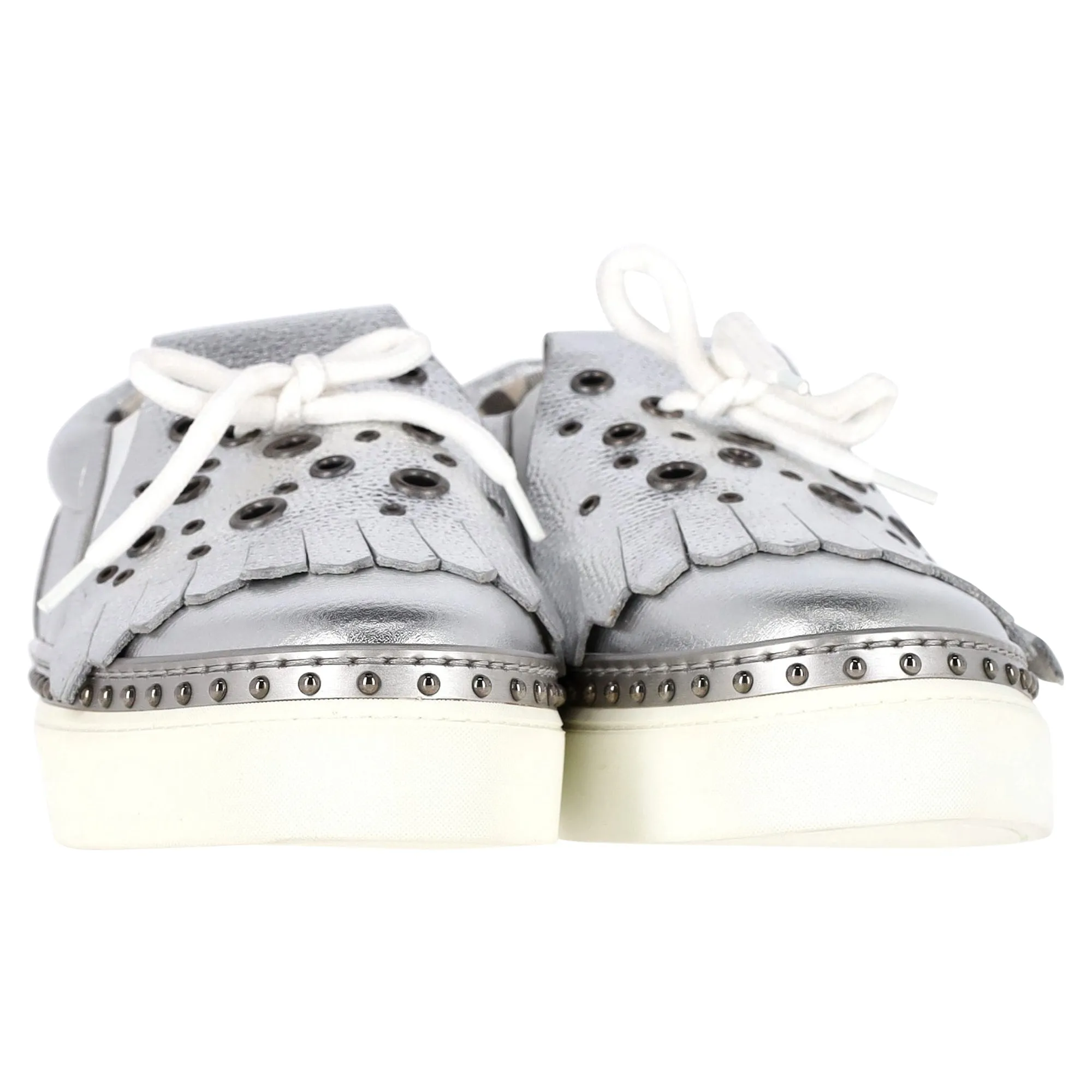 Burberry Kiltie Fringe Detail Slip On Sneakers Metallic Silver Leather
