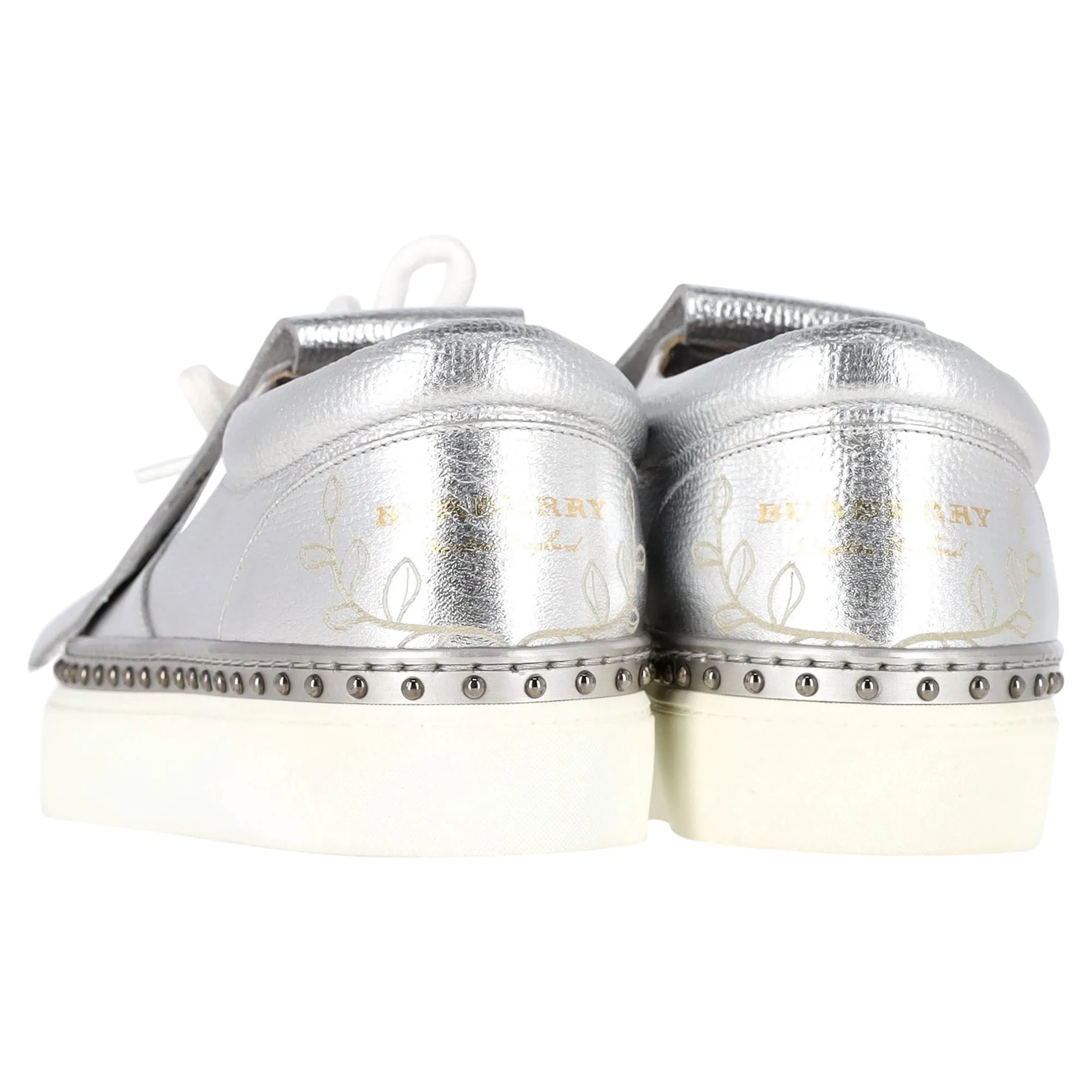 Burberry Kiltie Fringe Detail Slip On Sneakers Metallic Silver Leather