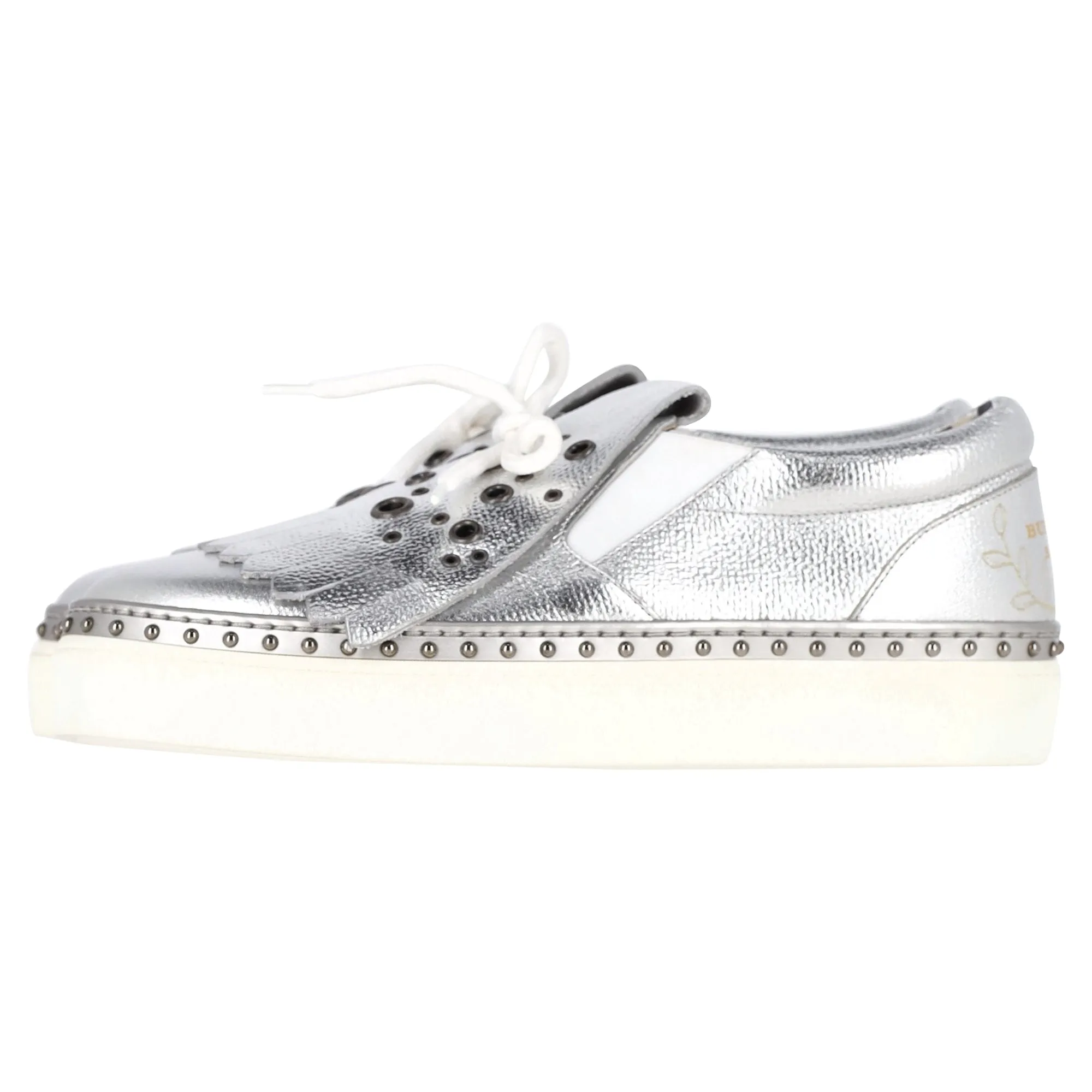 Burberry Kiltie Fringe Detail Slip On Sneakers Metallic Silver Leather