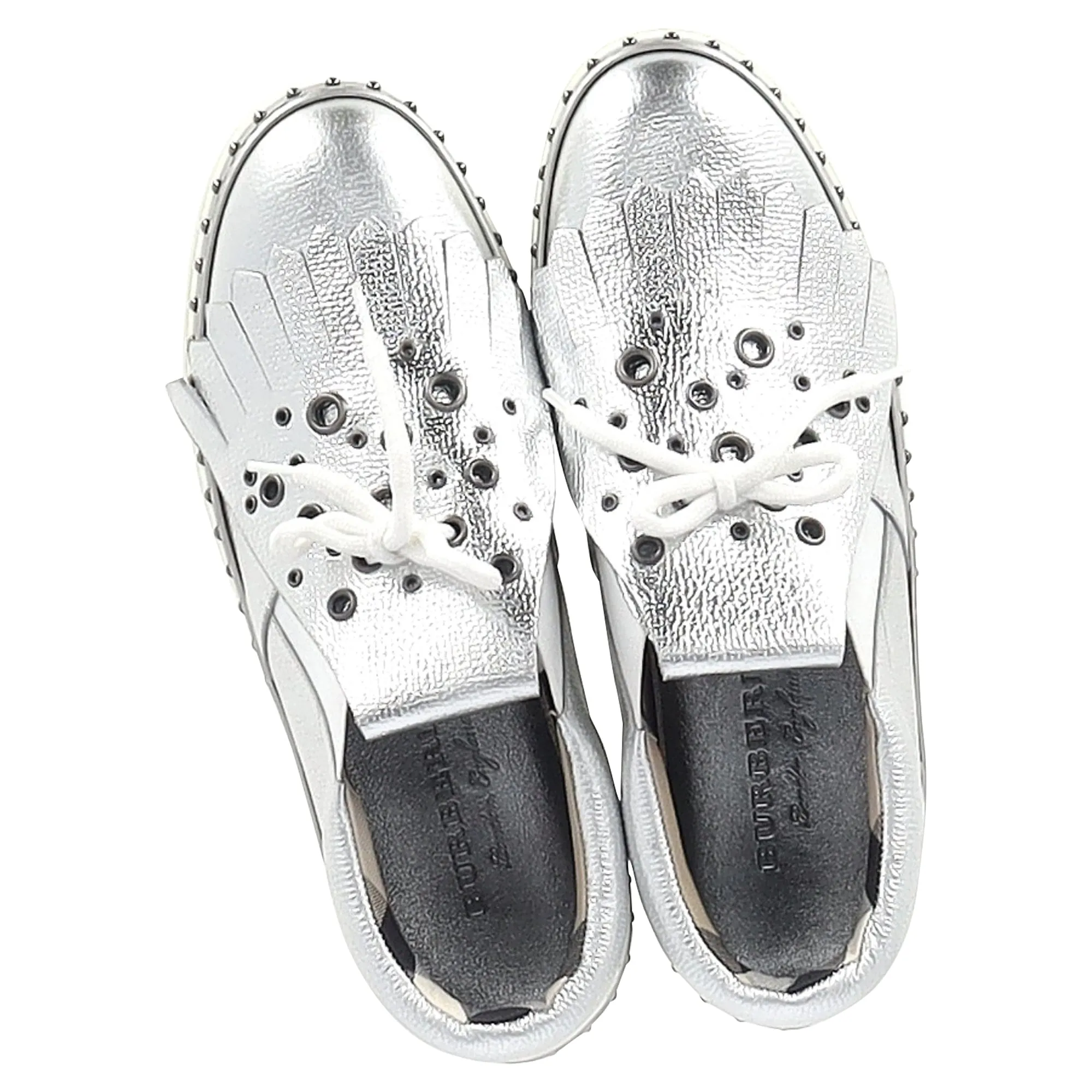 Burberry Kiltie Fringe Detail Slip On Sneakers Metallic Silver Leather