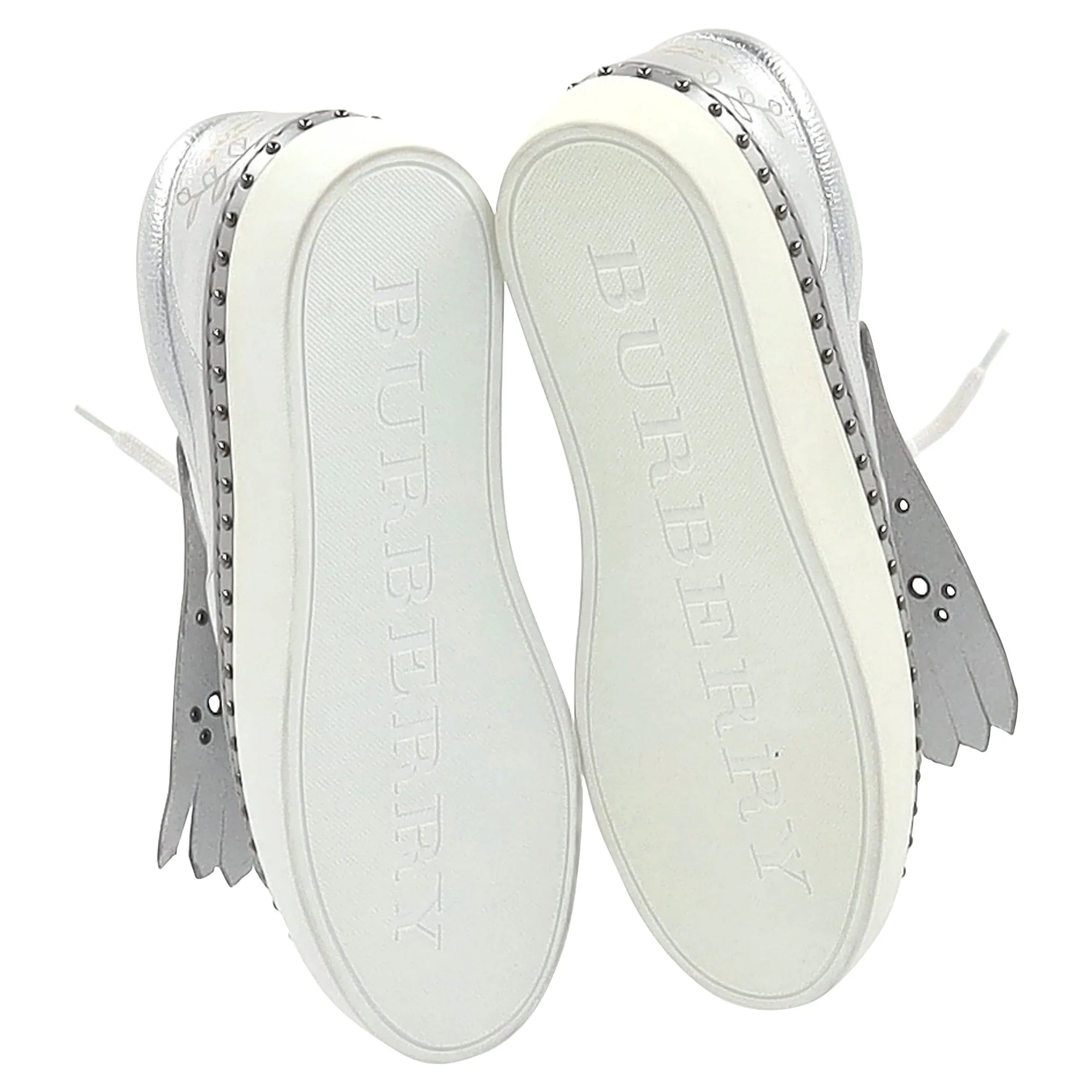 Burberry Kiltie Fringe Detail Slip On Sneakers Metallic Silver Leather