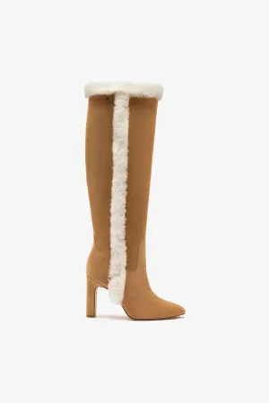 Cindy Hi Faux Fur Boot In Peanut Suede and Natural Shearling