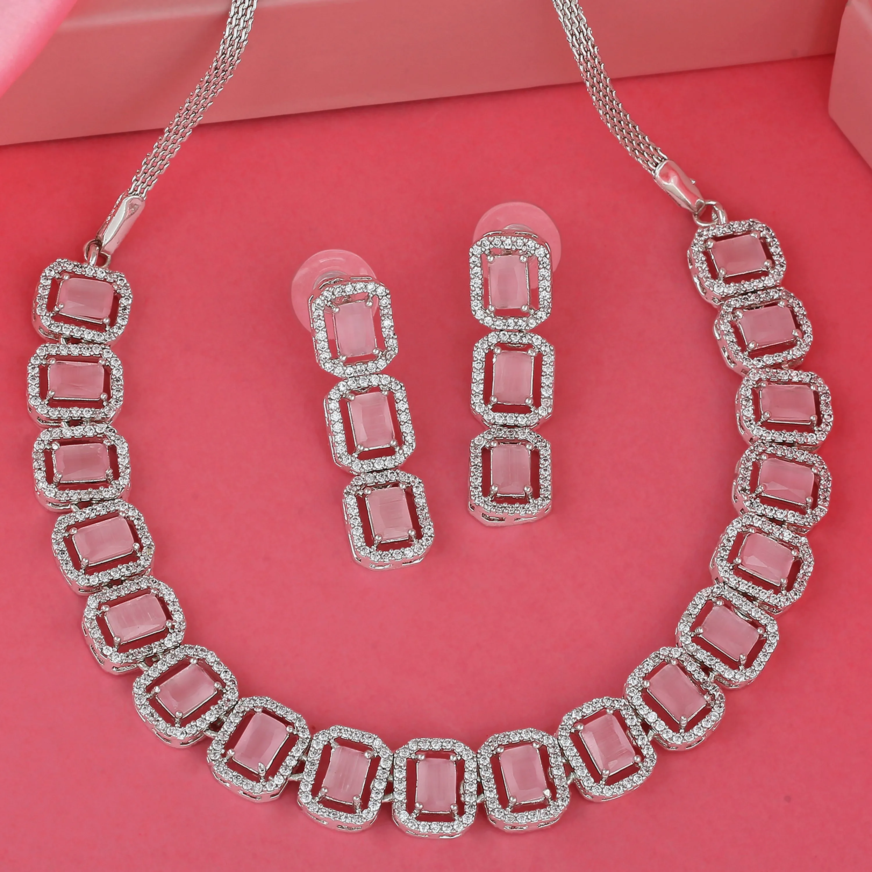 Estele Rhodium Plated CZ Ossum Octagon Necklace Set with Mint Pink Crystals for Women