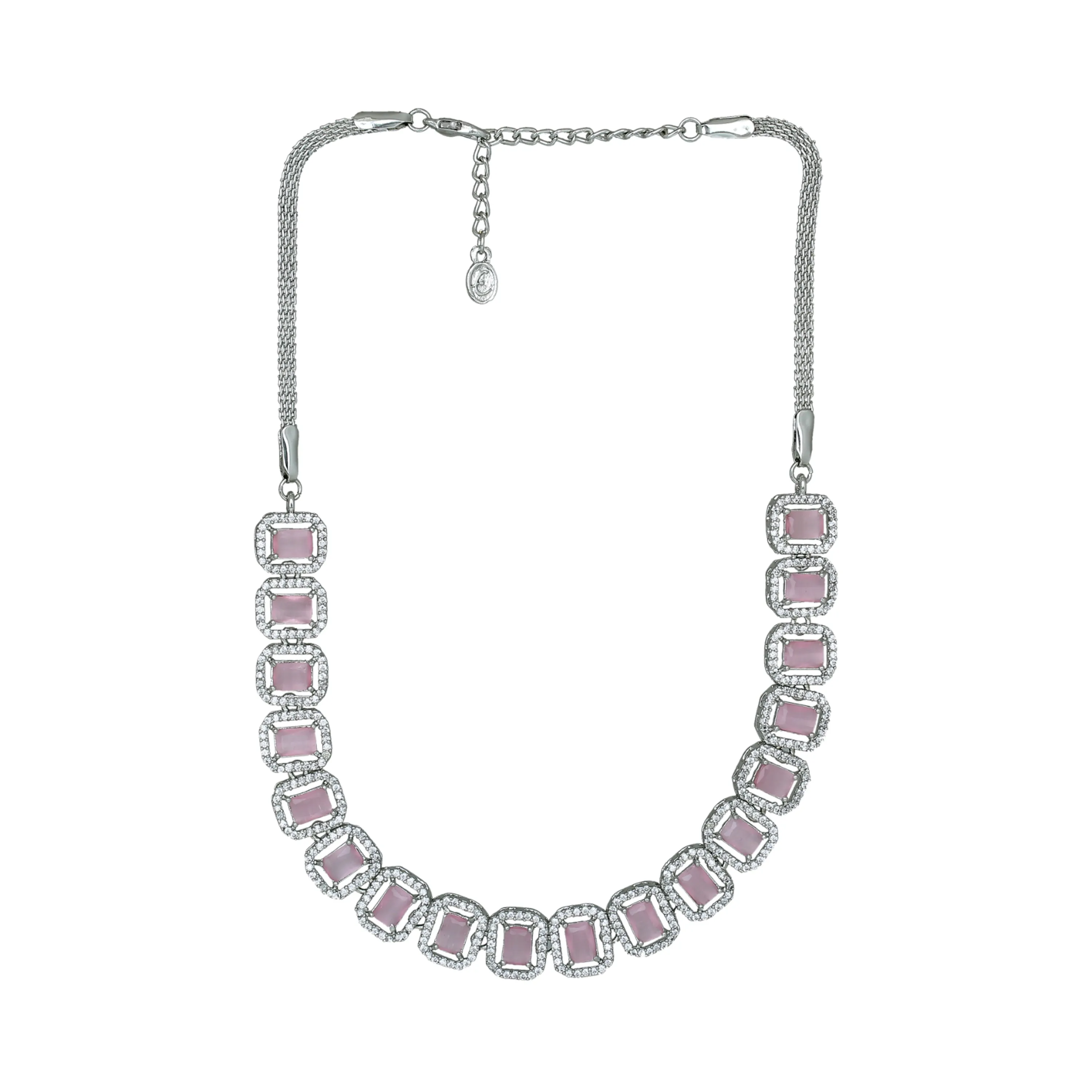 Estele Rhodium Plated CZ Ossum Octagon Necklace Set with Mint Pink Crystals for Women