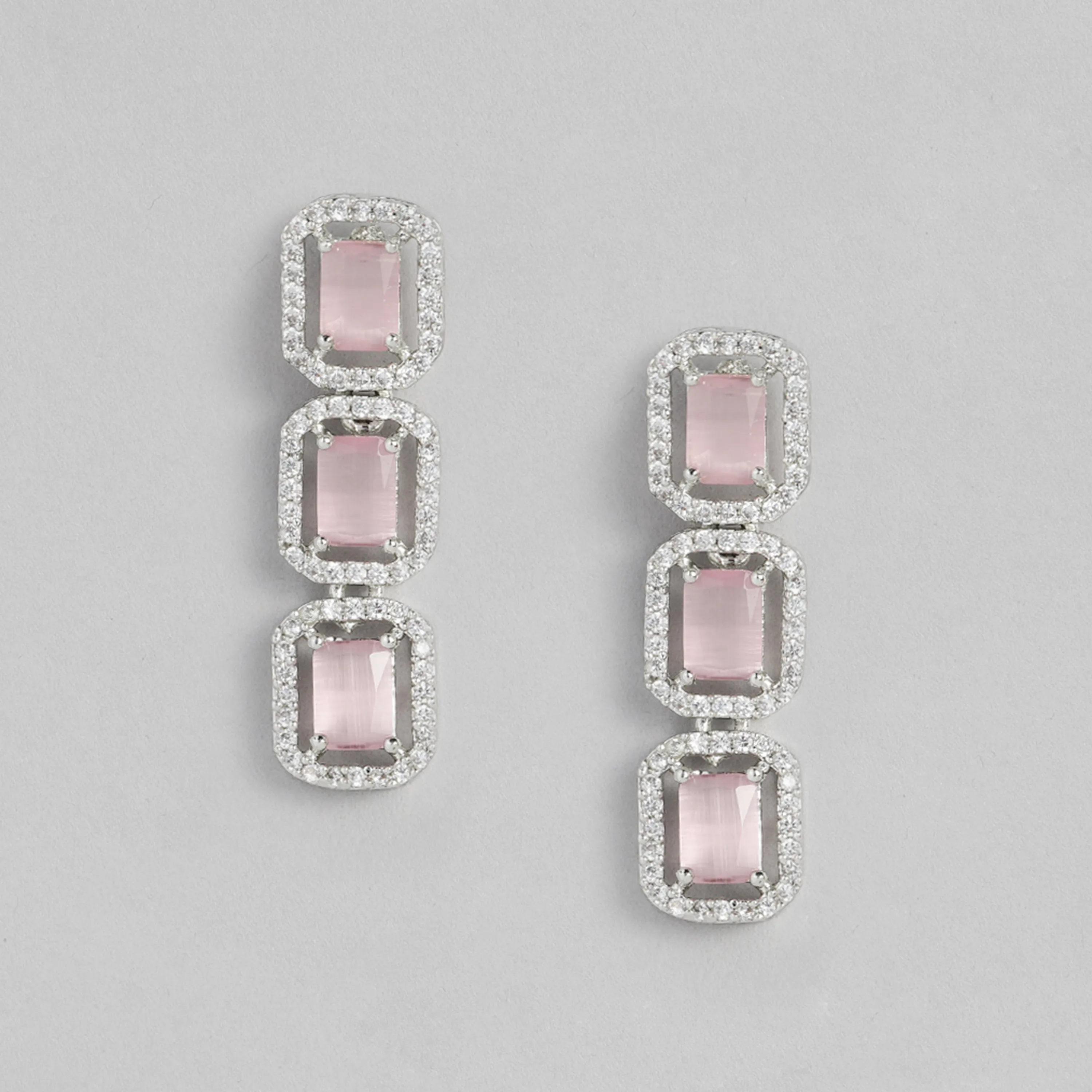 Estele Rhodium Plated CZ Ossum Octagon Necklace Set with Mint Pink Crystals for Women