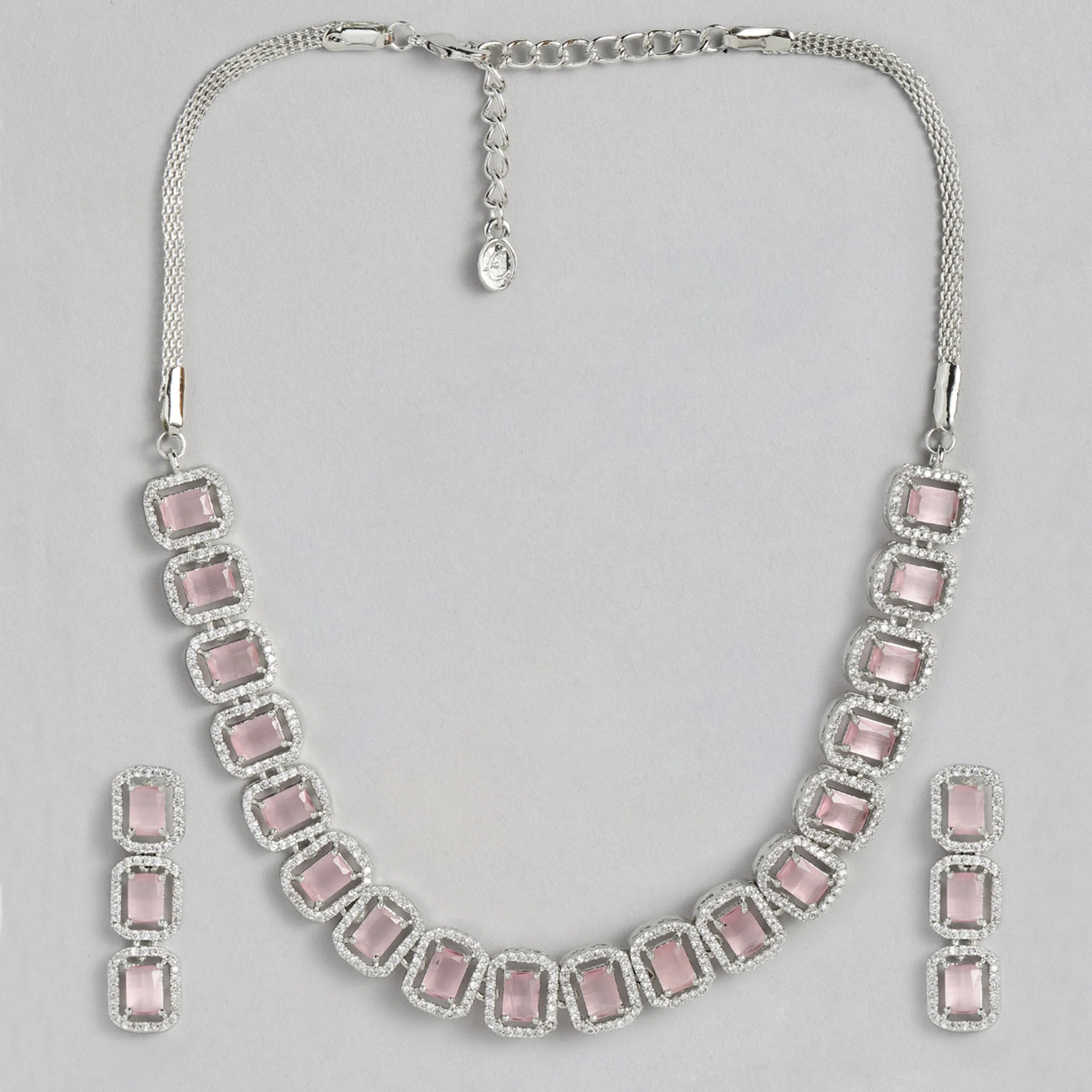 Estele Rhodium Plated CZ Ossum Octagon Necklace Set with Mint Pink Crystals for Women