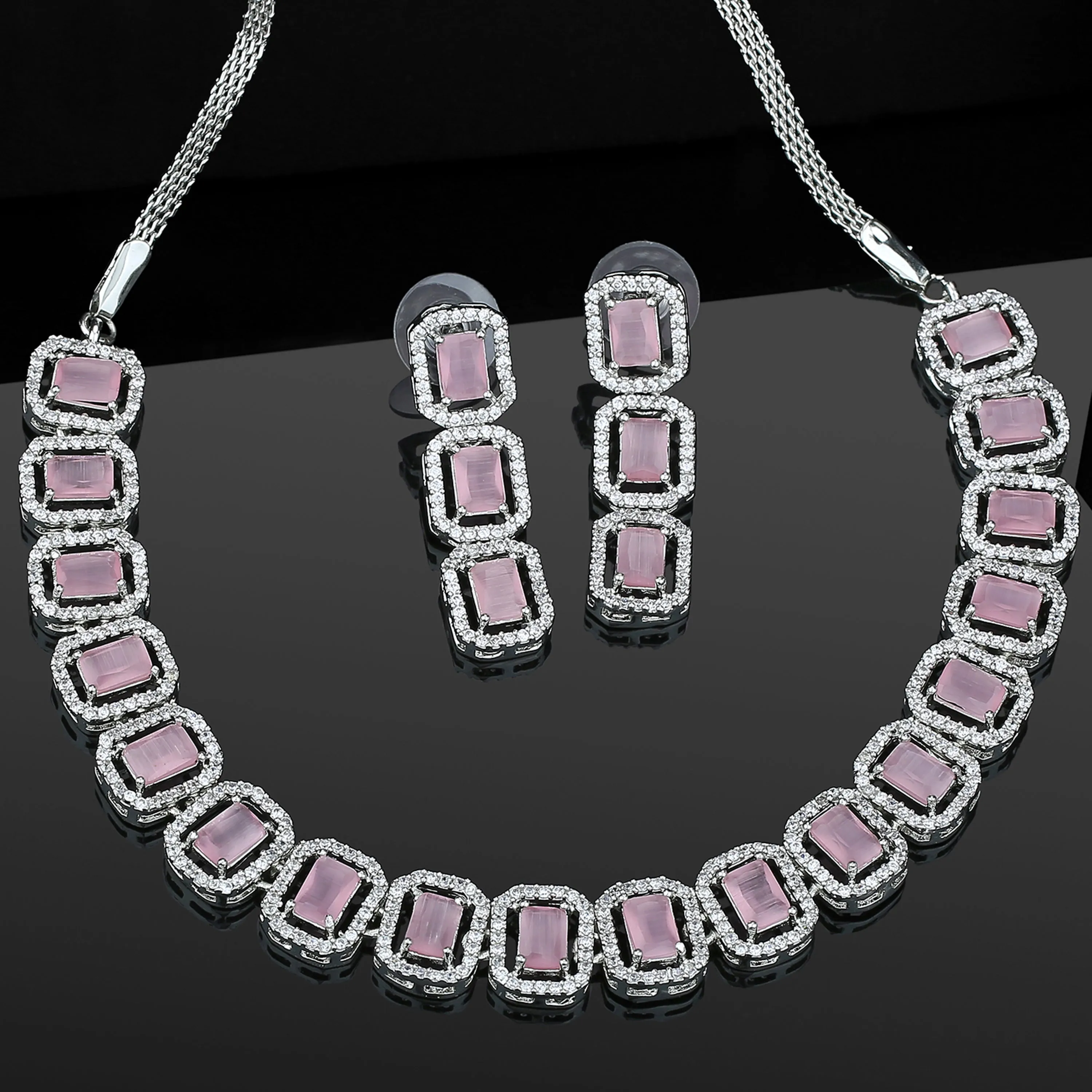 Estele Rhodium Plated CZ Ossum Octagon Necklace Set with Mint Pink Crystals for Women