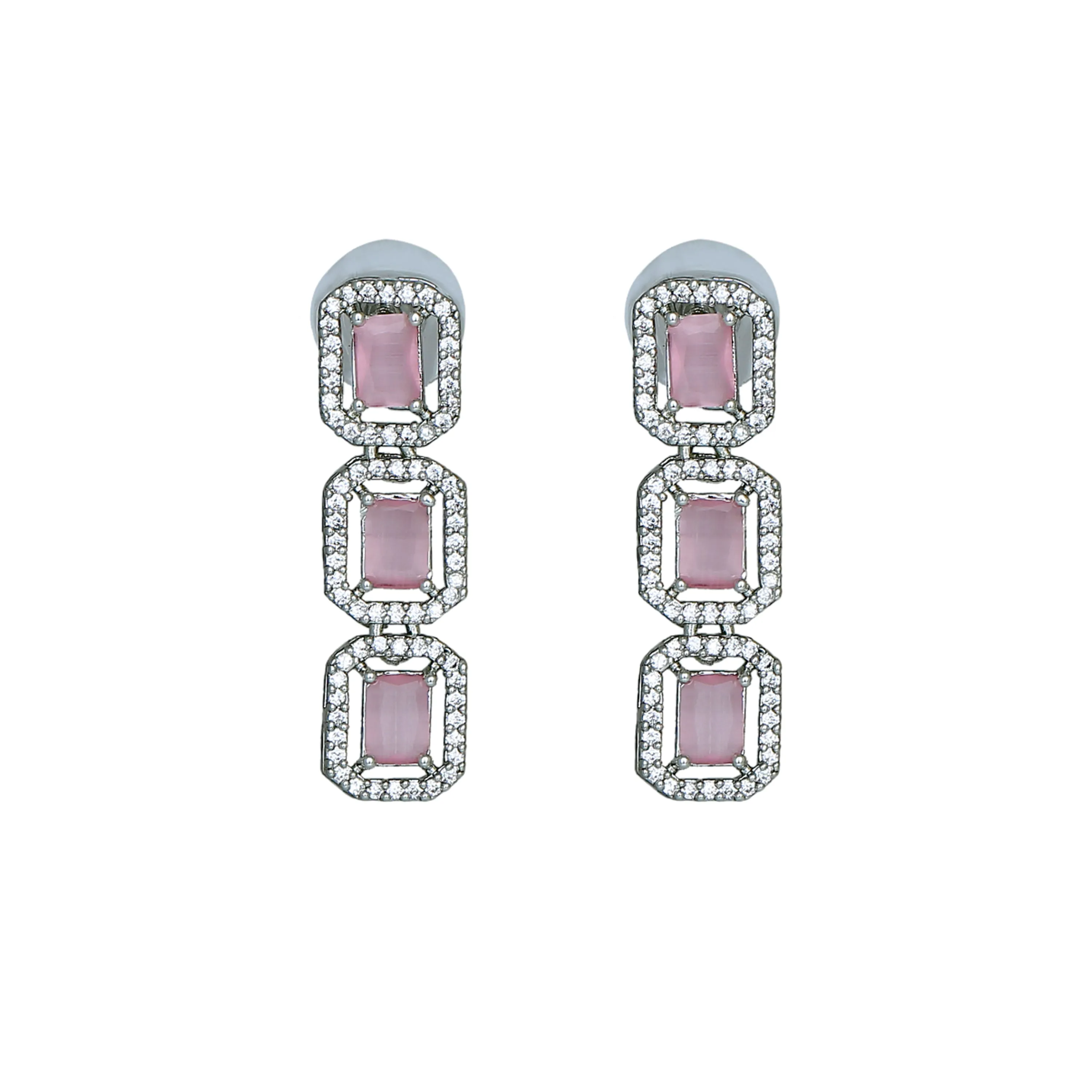 Estele Rhodium Plated CZ Ossum Octagon Necklace Set with Mint Pink Crystals for Women