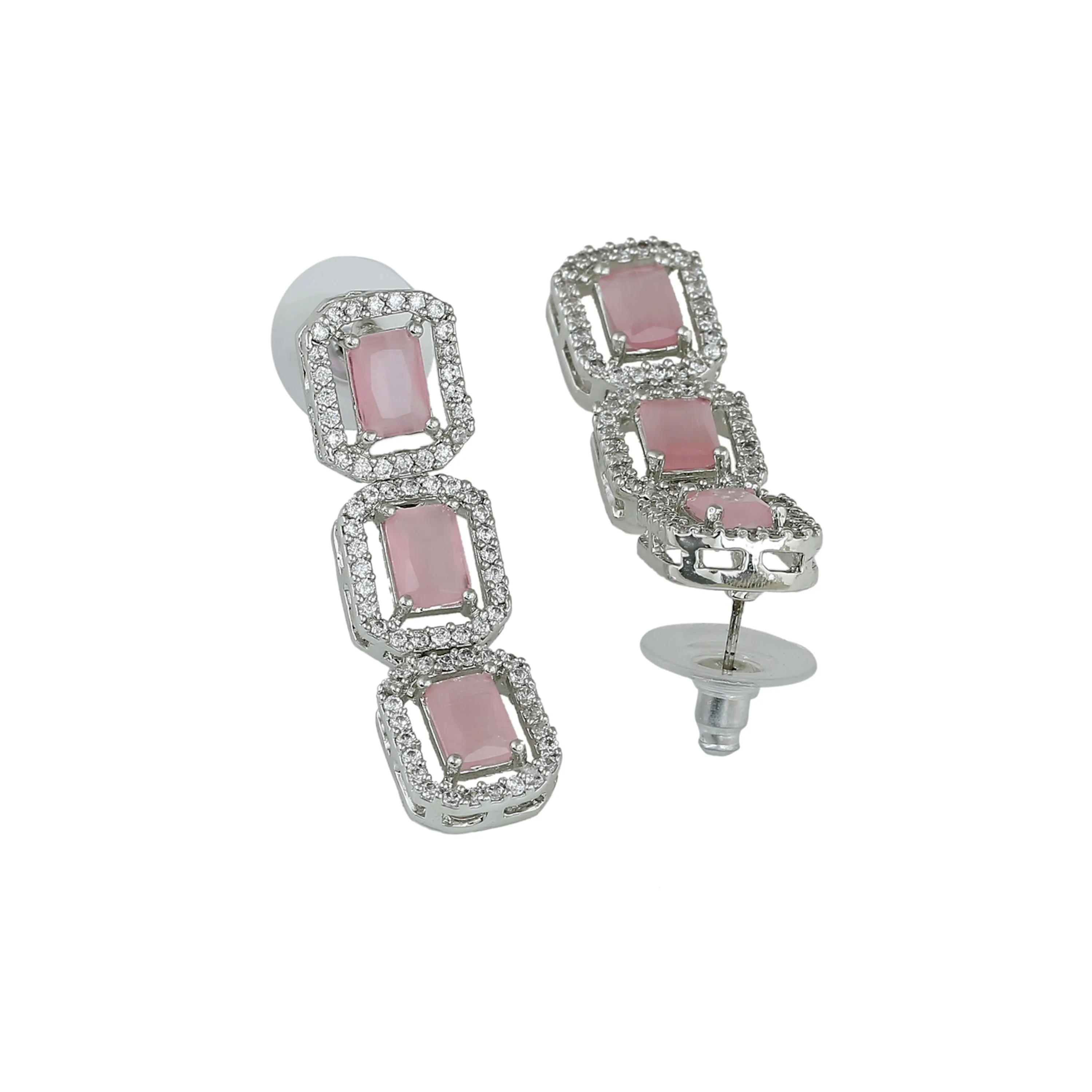 Estele Rhodium Plated CZ Ossum Octagon Necklace Set with Mint Pink Crystals for Women