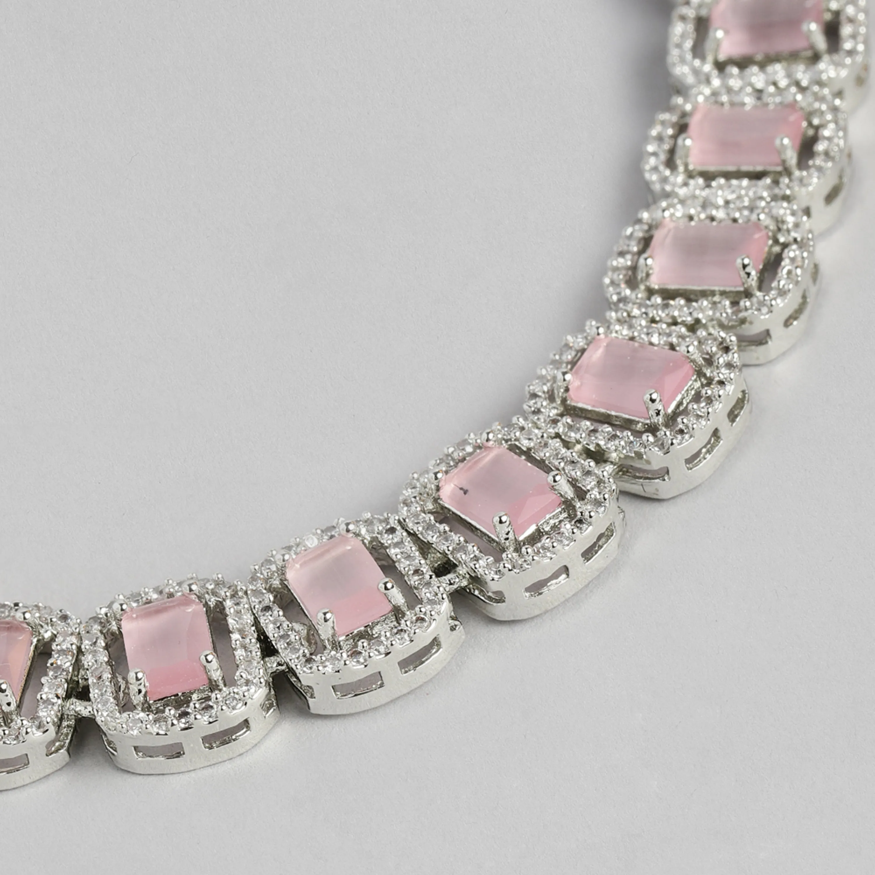 Estele Rhodium Plated CZ Ossum Octagon Necklace Set with Mint Pink Crystals for Women