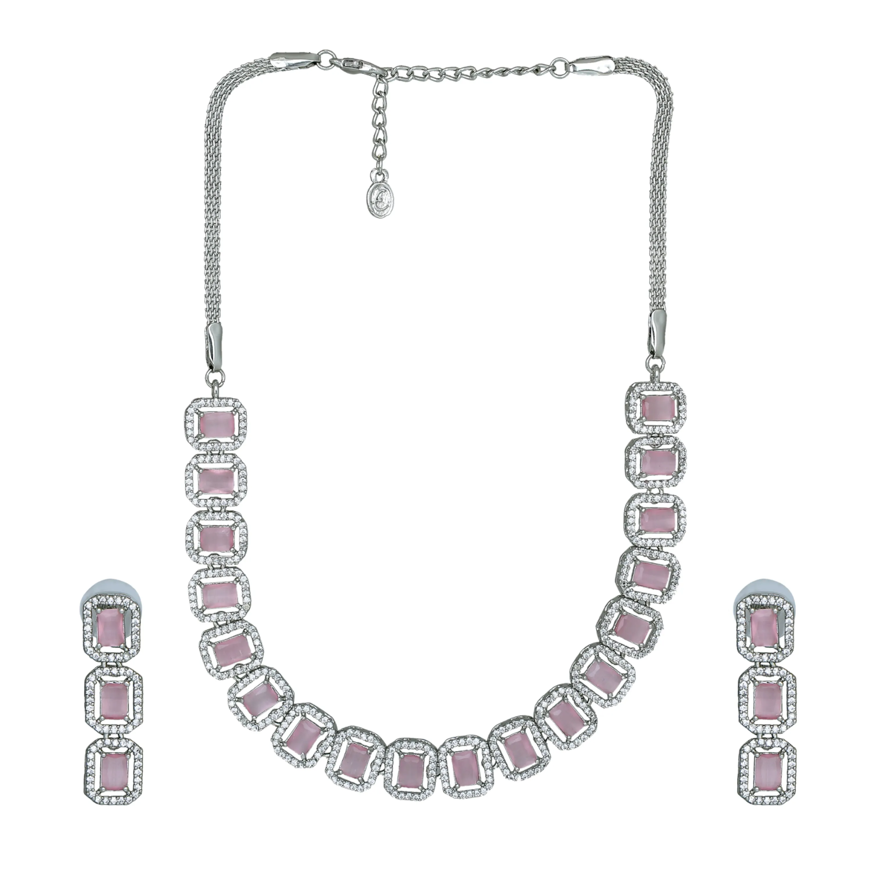 Estele Rhodium Plated CZ Ossum Octagon Necklace Set with Mint Pink Crystals for Women