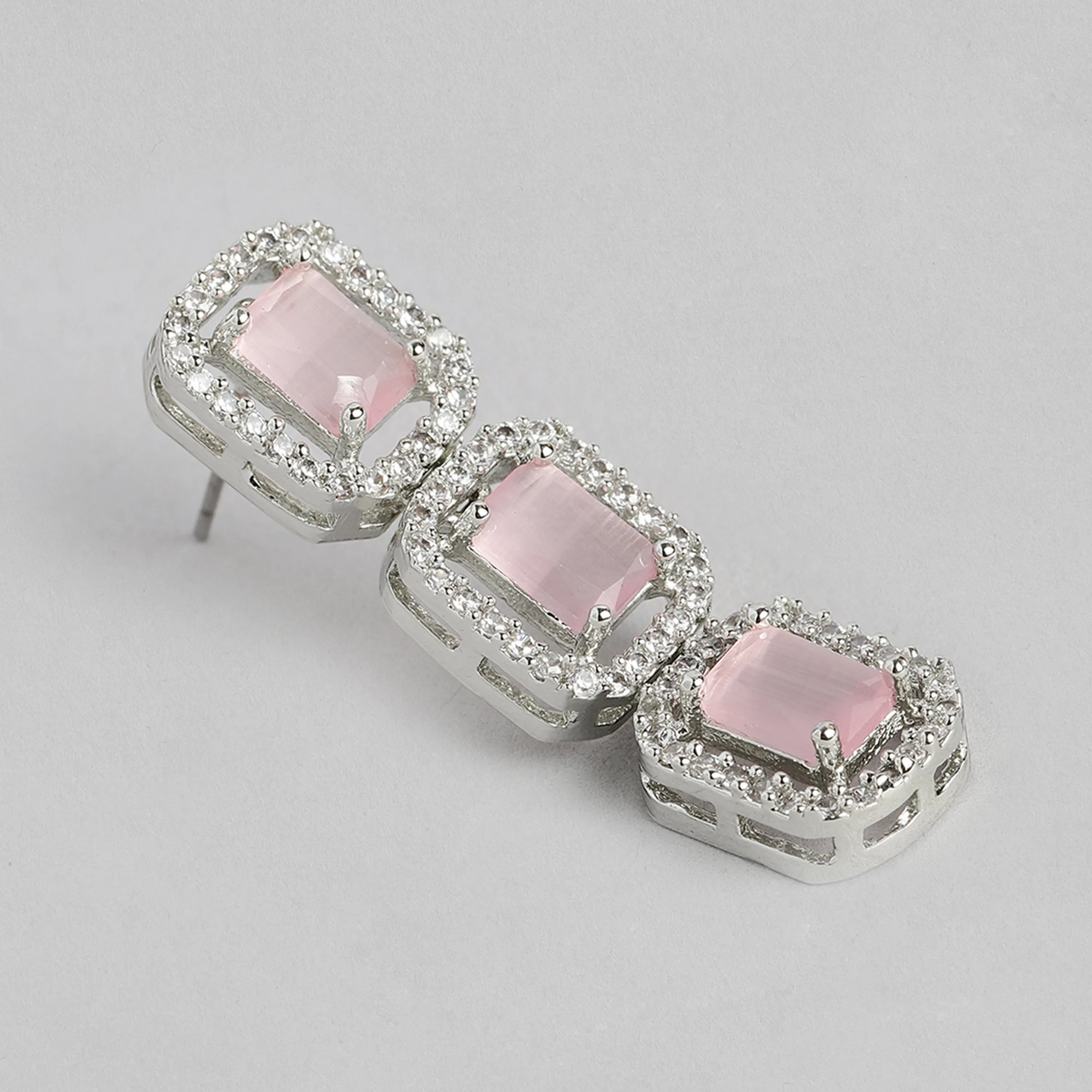 Estele Rhodium Plated CZ Ossum Octagon Necklace Set with Mint Pink Crystals for Women