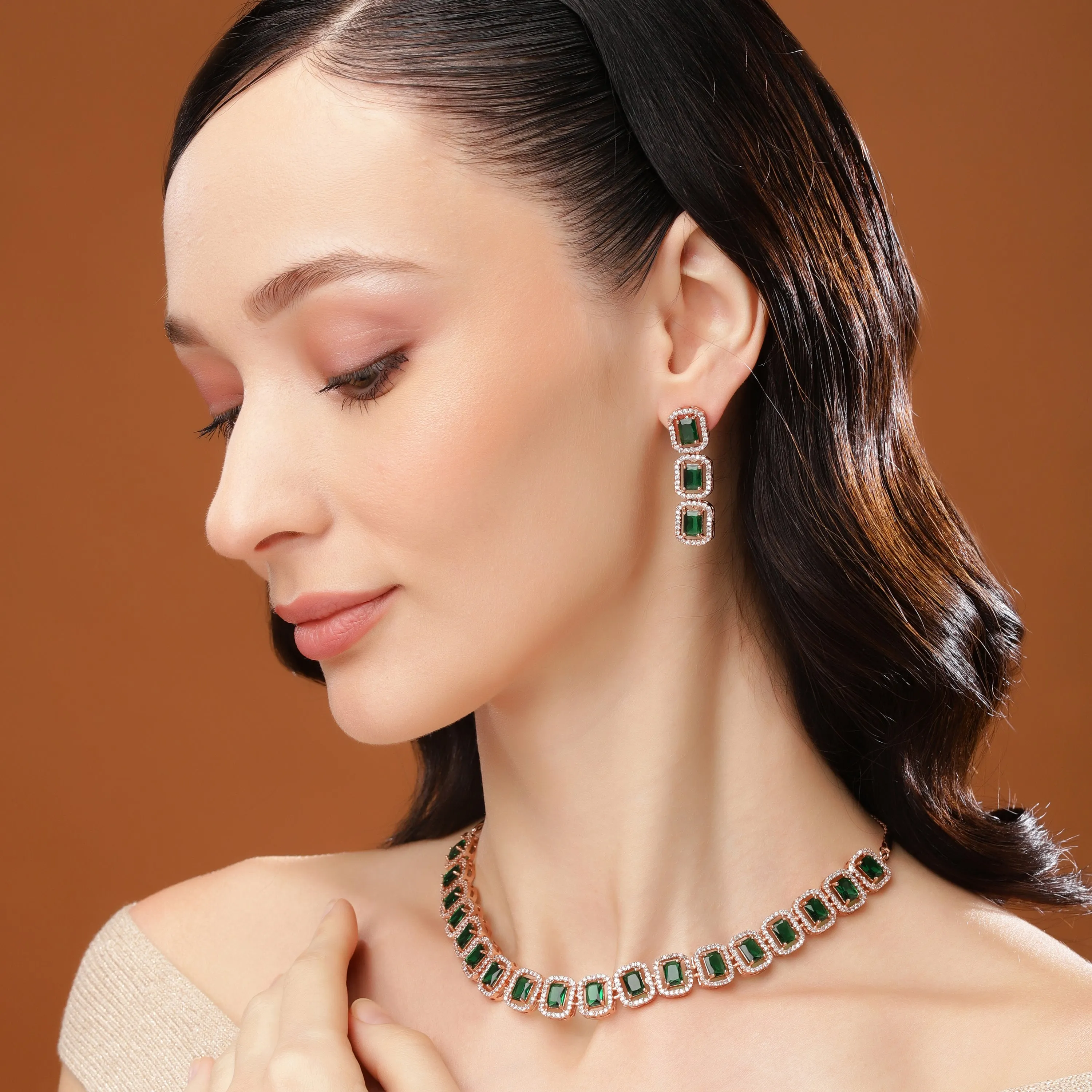 Estele Rose Gold Plated CZ Emrald stones Necklace Set for Women