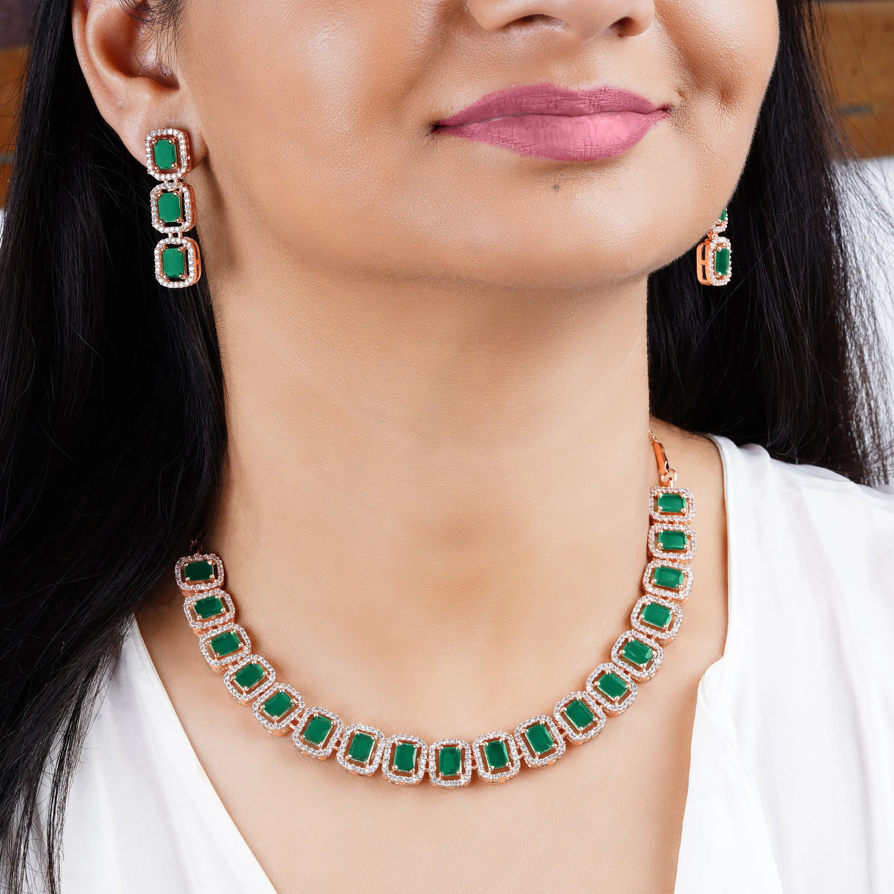 Estele Rose Gold Plated CZ Emrald stones Necklace Set for Women