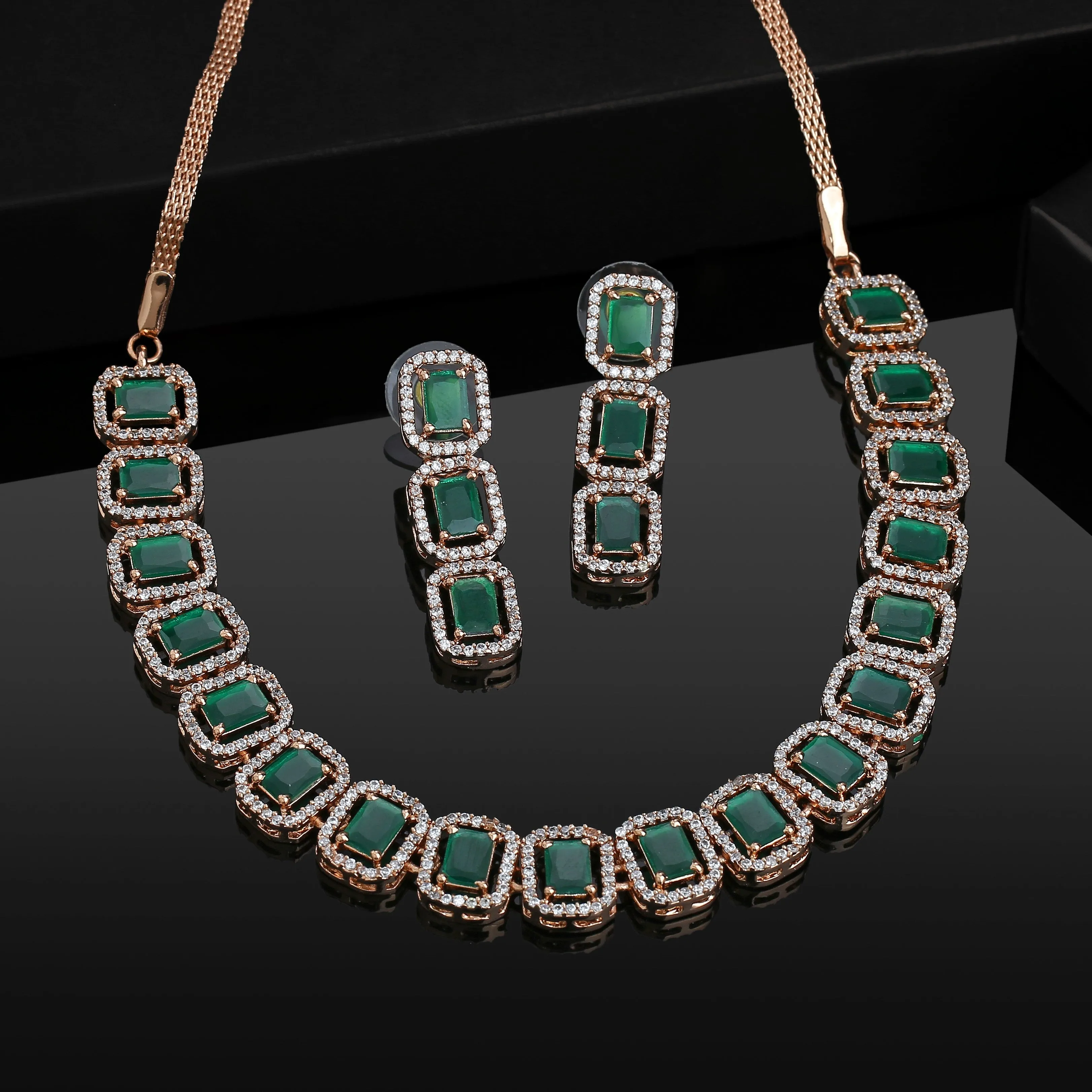 Estele Rose Gold Plated CZ Emrald stones Necklace Set for Women