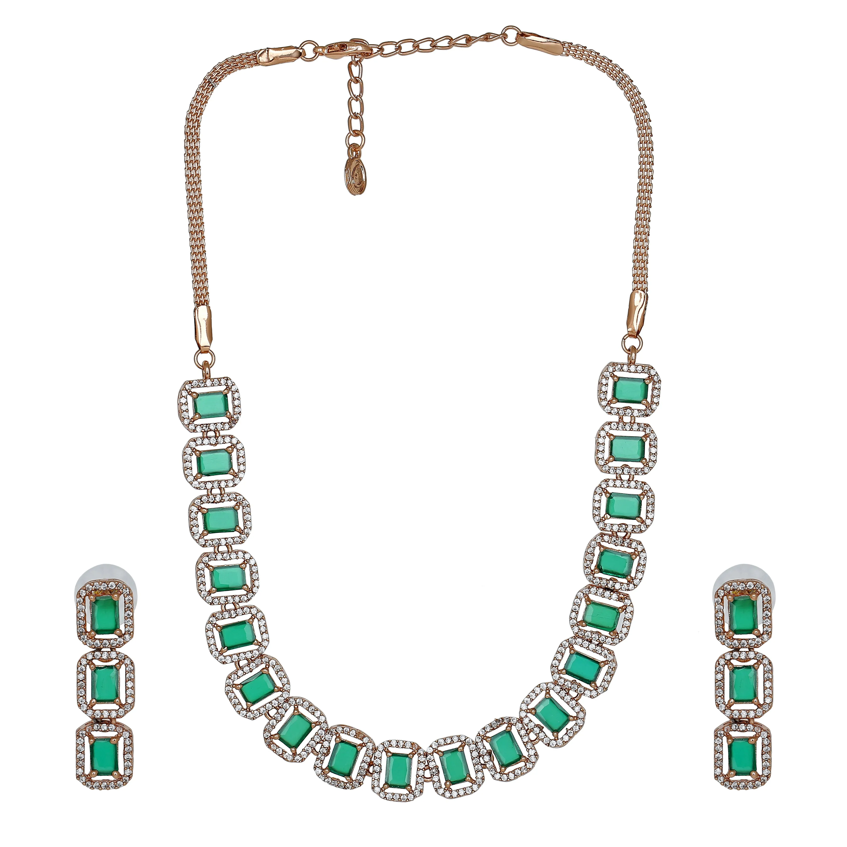 Estele Rose Gold Plated CZ Emrald stones Necklace Set for Women