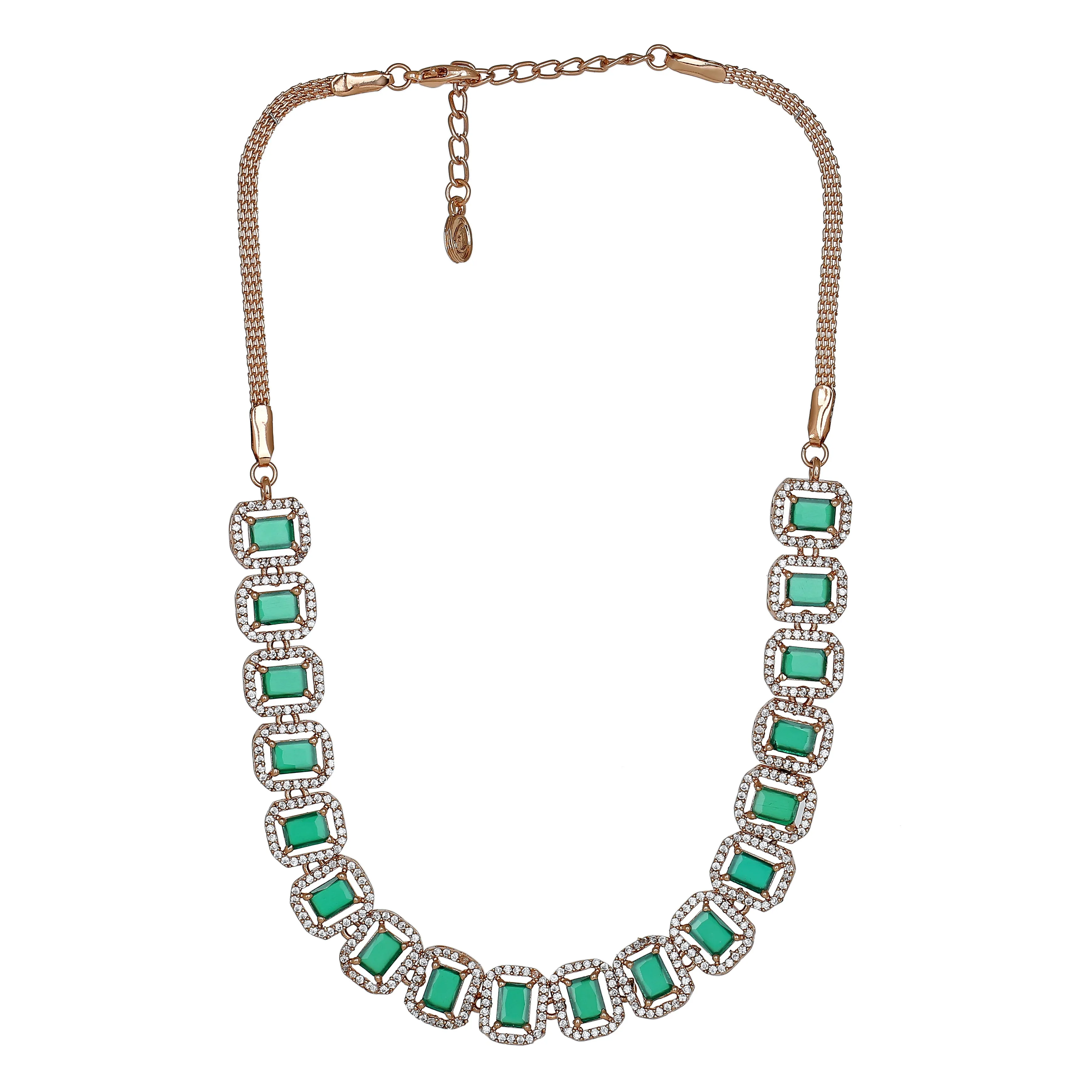 Estele Rose Gold Plated CZ Emrald stones Necklace Set for Women
