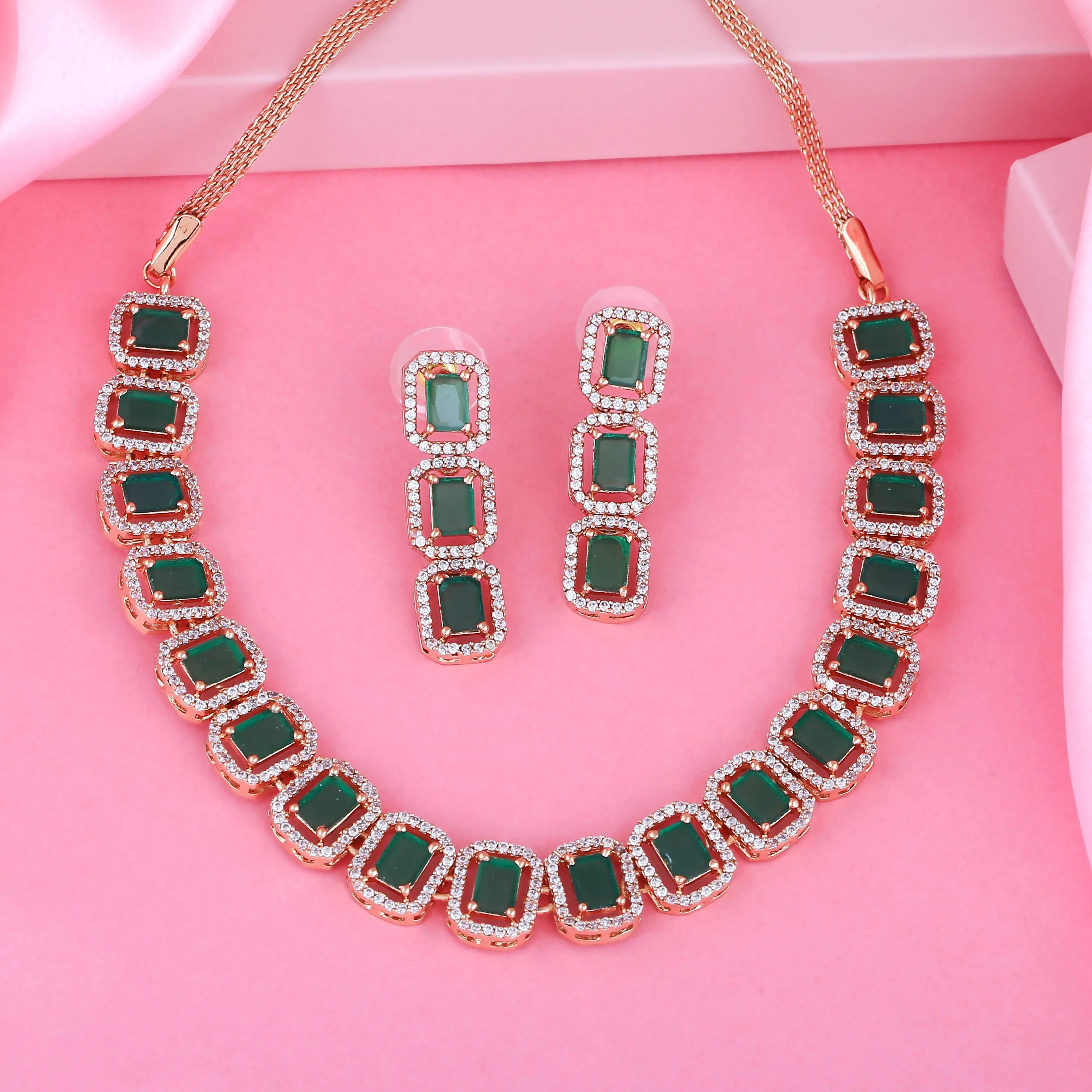 Estele Rose Gold Plated CZ Emrald stones Necklace Set for Women