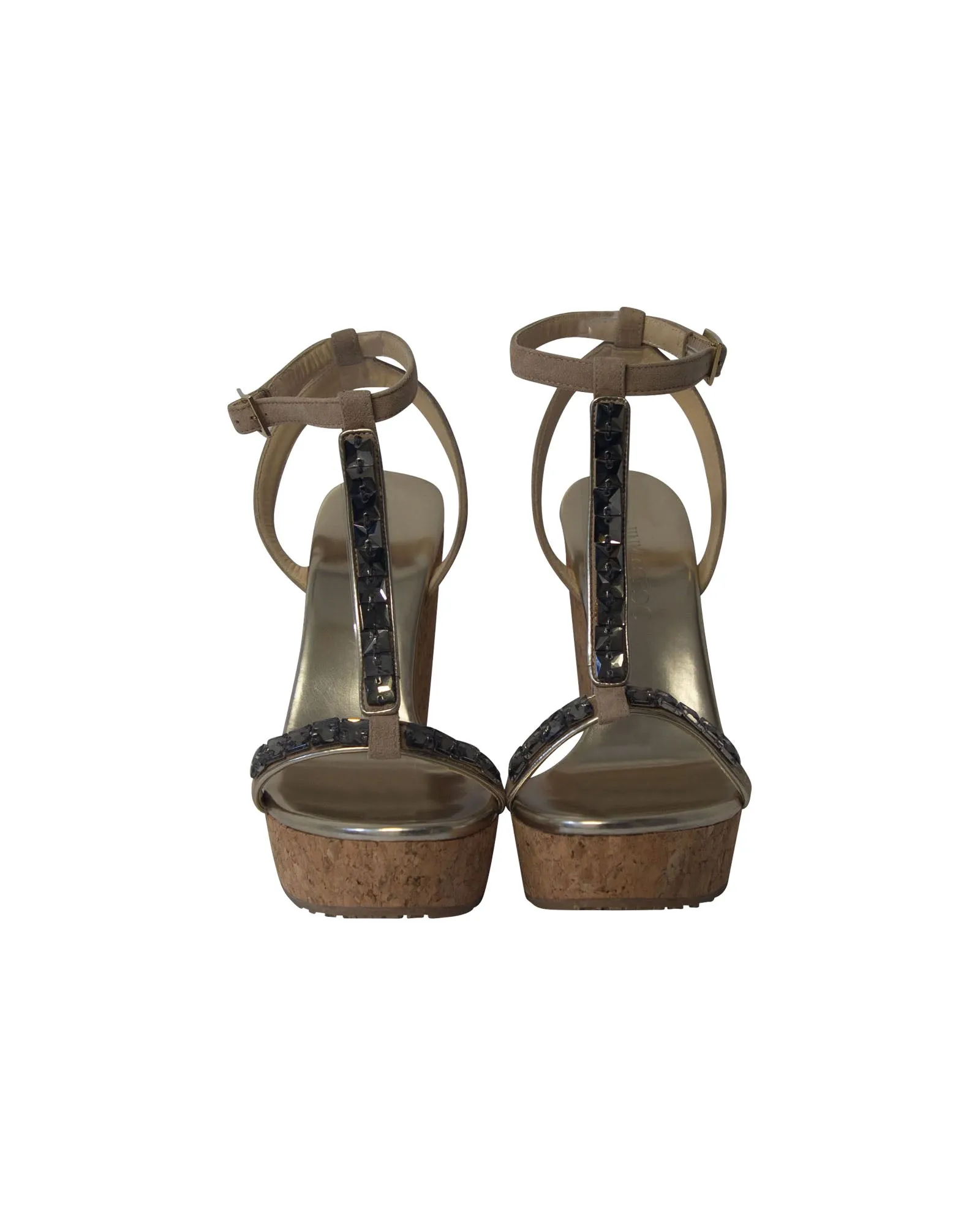 Jimmy Choo Naima Jeweled Platform Wedge Sandals in Beige Suede