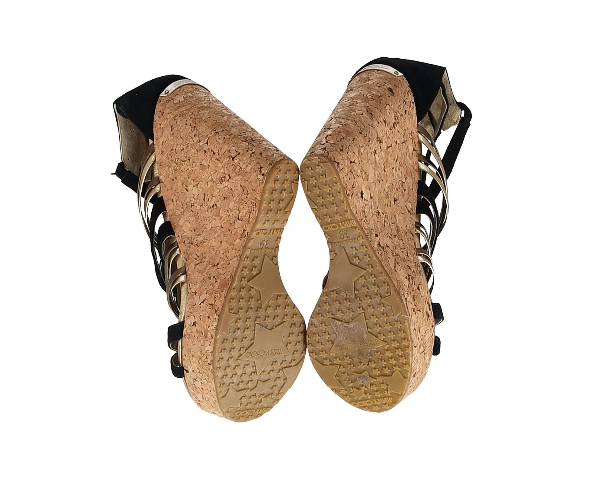 Jimmy Choo Strappy Cage Wedge Sandals in Multicolor Suede and Leather