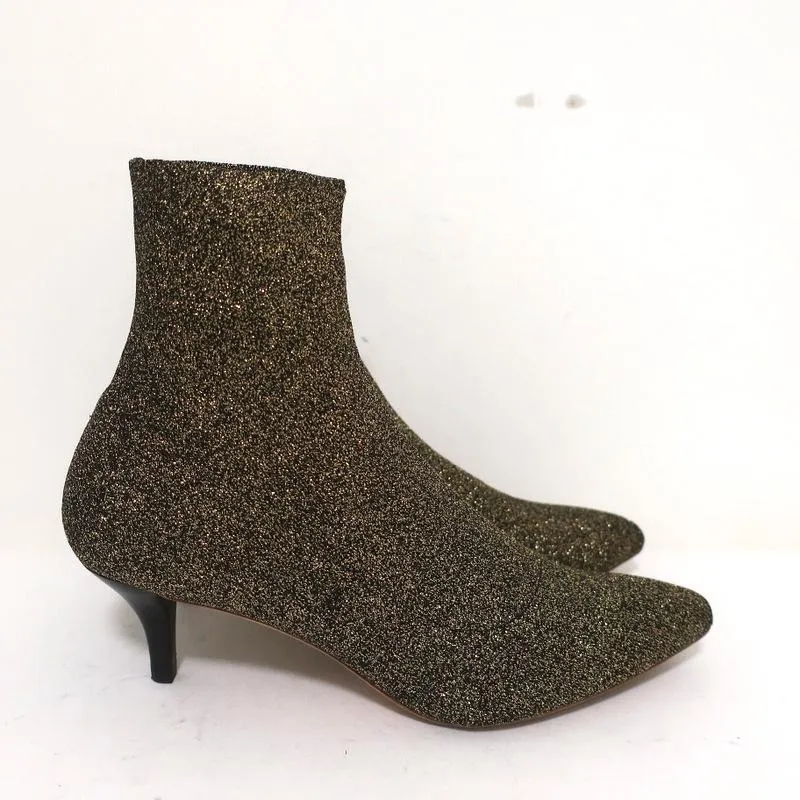 Loeffler Randall Ankle Boots Kassidy Gold Stretch Knit Size 8 Low Heel Booties