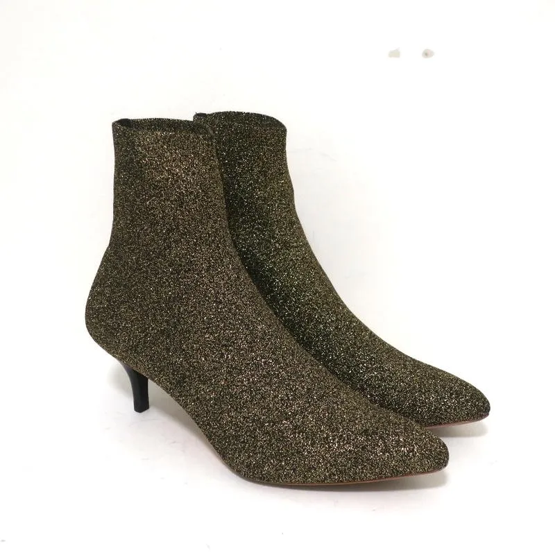 Loeffler Randall Ankle Boots Kassidy Gold Stretch Knit Size 8 Low Heel Booties