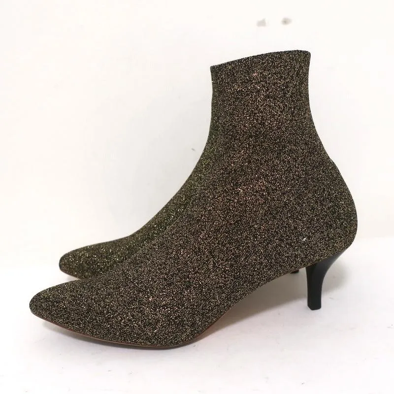 Loeffler Randall Ankle Boots Kassidy Gold Stretch Knit Size 8 Low Heel Booties