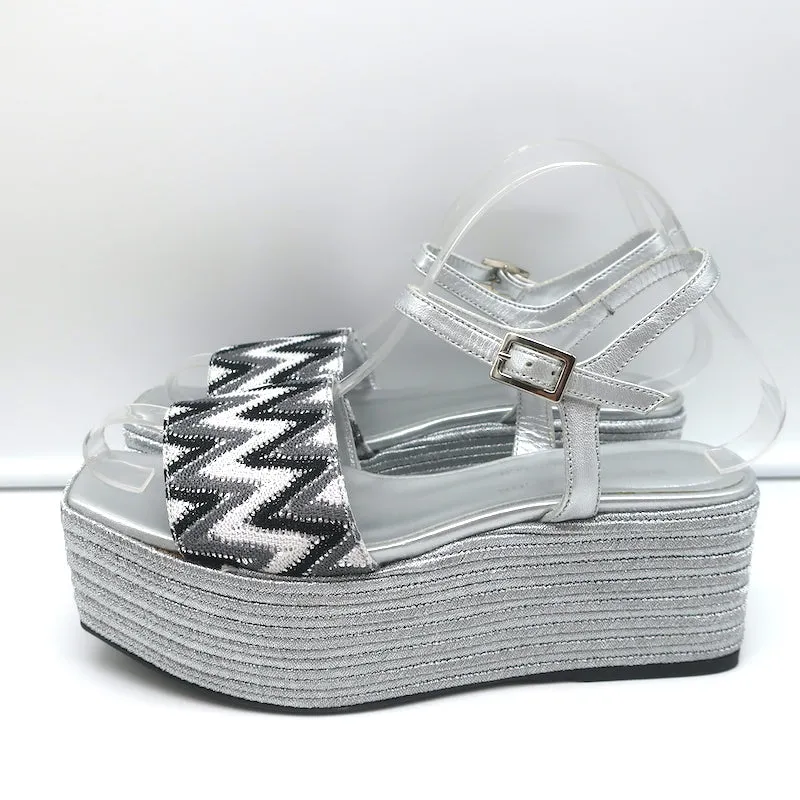 Madison Maison Woven Platform Wedge Sandals Silver Size 38 Ankle Strap Heels