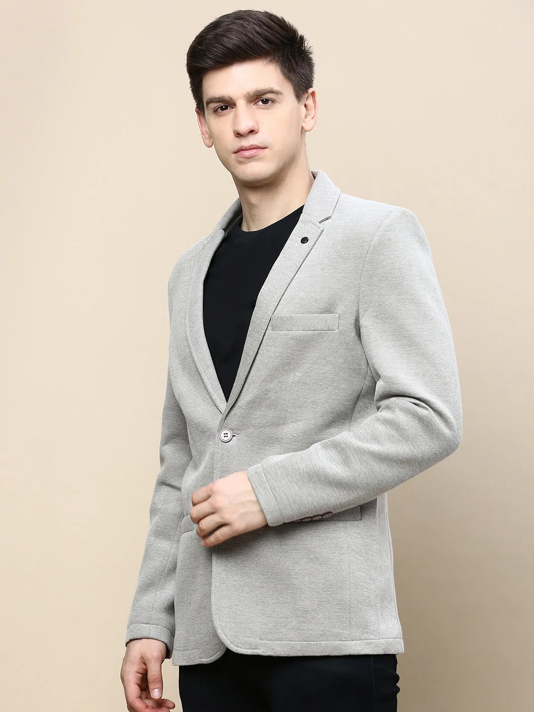 Men Beige Slim-Fit Notched Lapel Collar Single-Breasted Casual Blazer