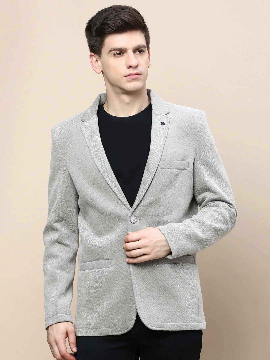 Men Beige Slim-Fit Notched Lapel Collar Single-Breasted Casual Blazer