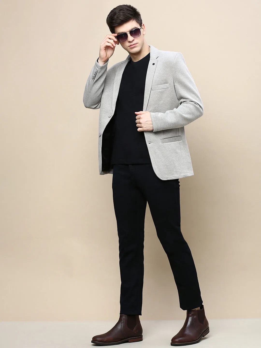 Men Beige Slim-Fit Notched Lapel Collar Single-Breasted Casual Blazer