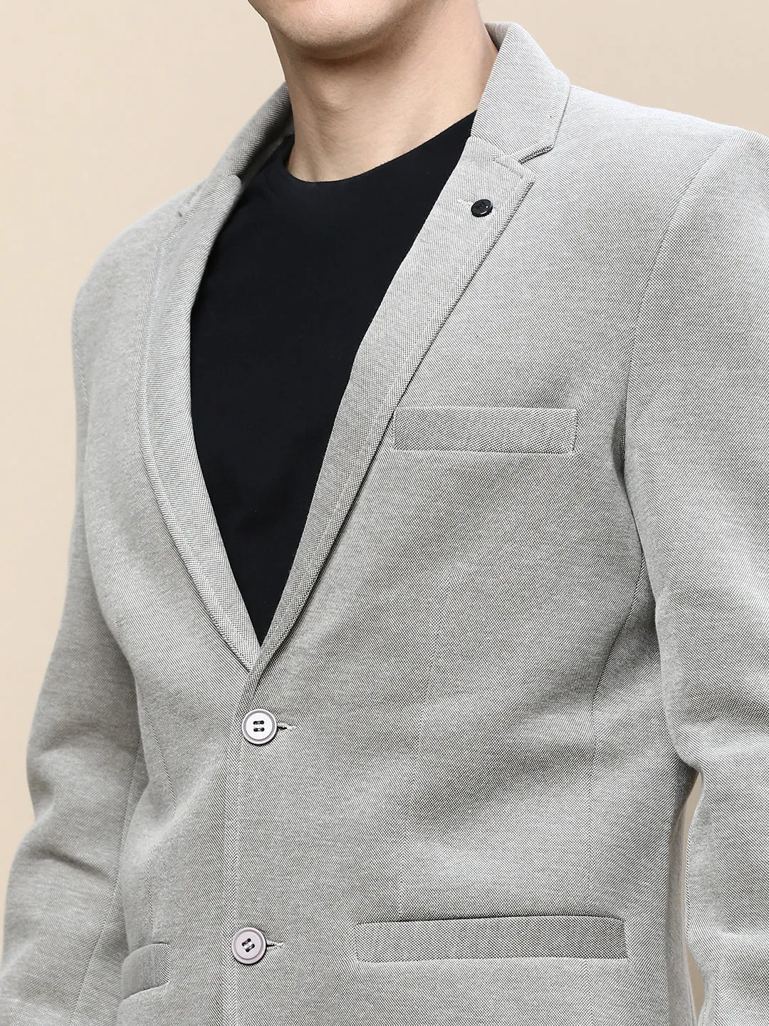 Men Beige Slim-Fit Notched Lapel Collar Single-Breasted Casual Blazer