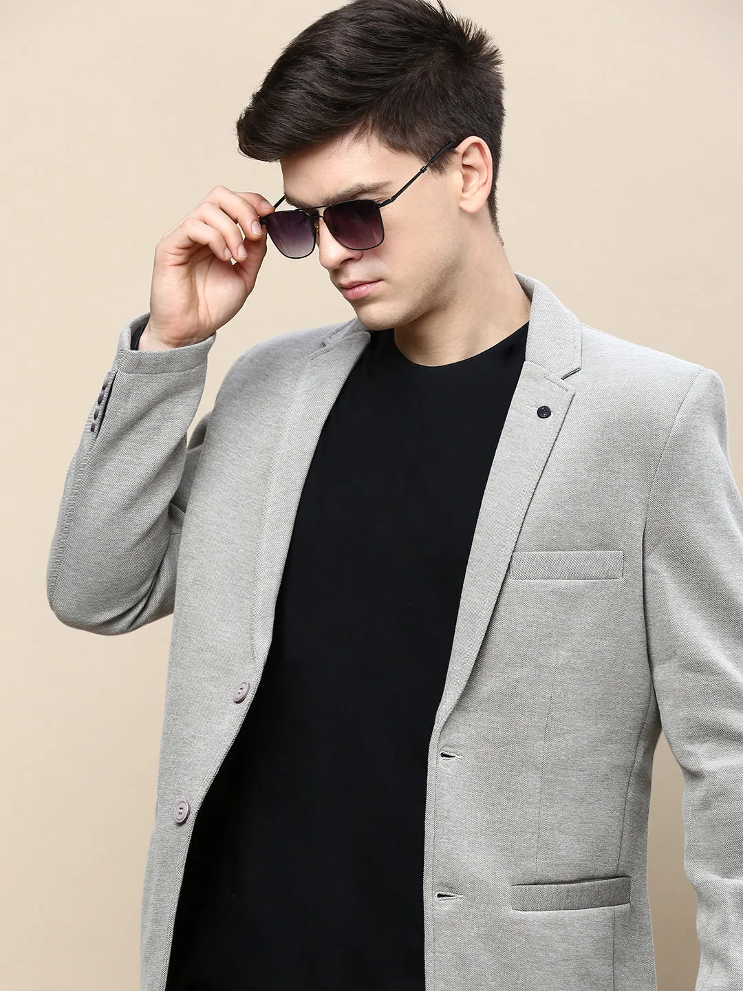 Men Beige Slim-Fit Notched Lapel Collar Single-Breasted Casual Blazer