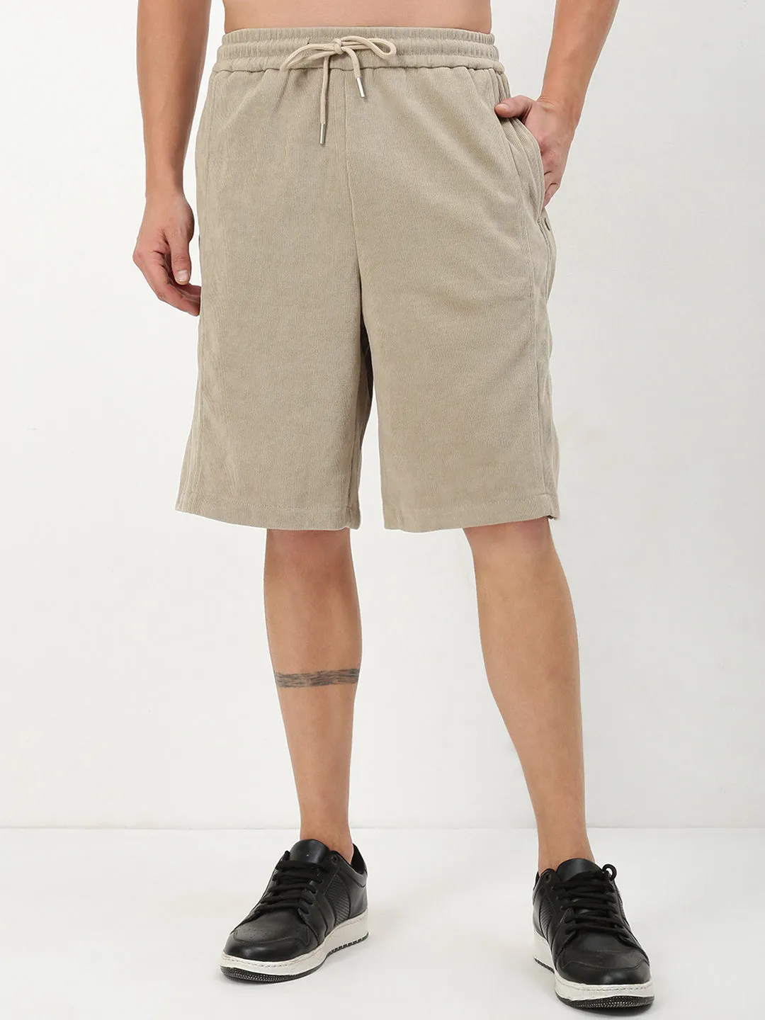 Men Beige Solid Shorts