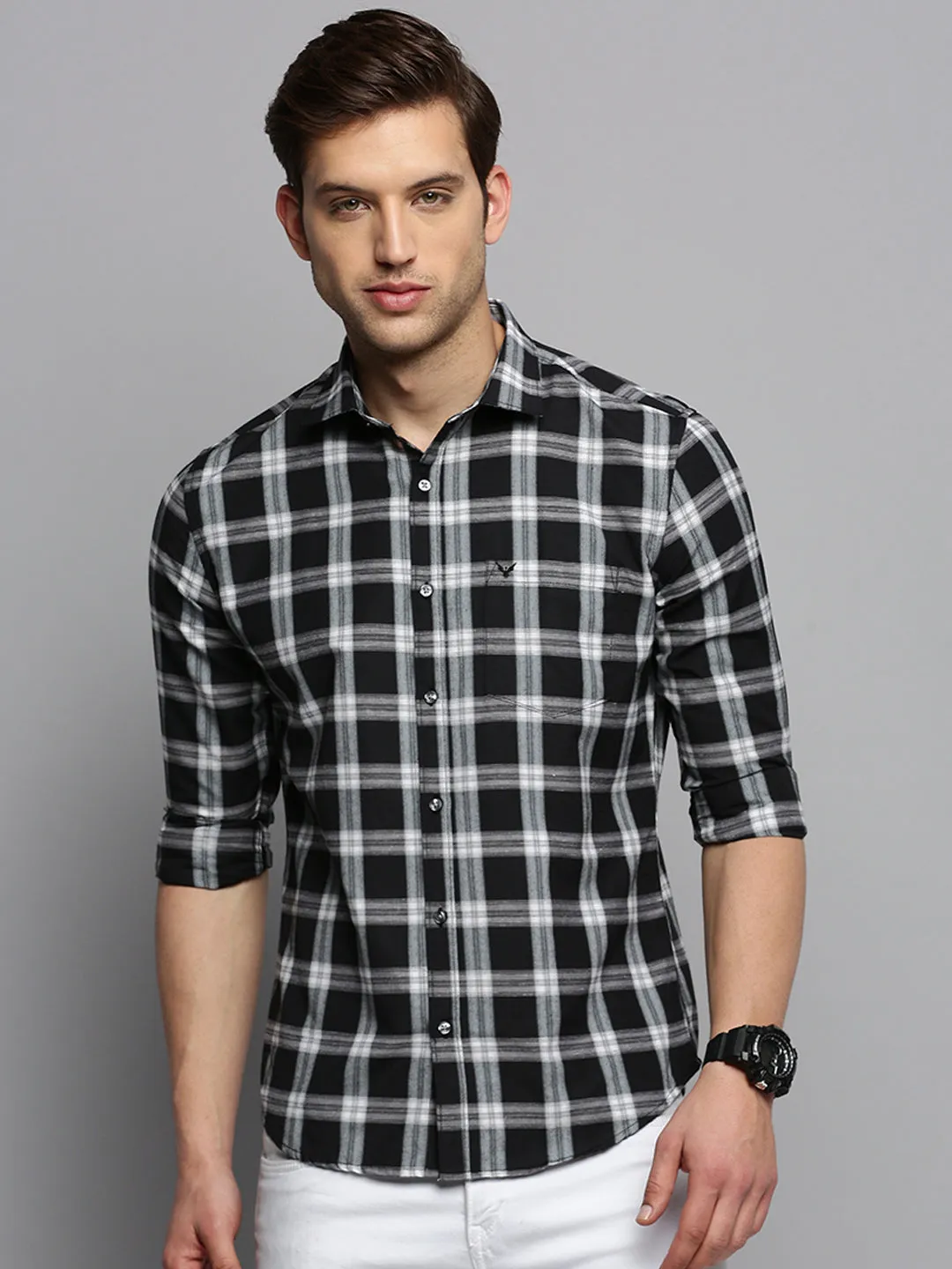 Men Black Classic Tartan Checked Casual Cotton Shirt