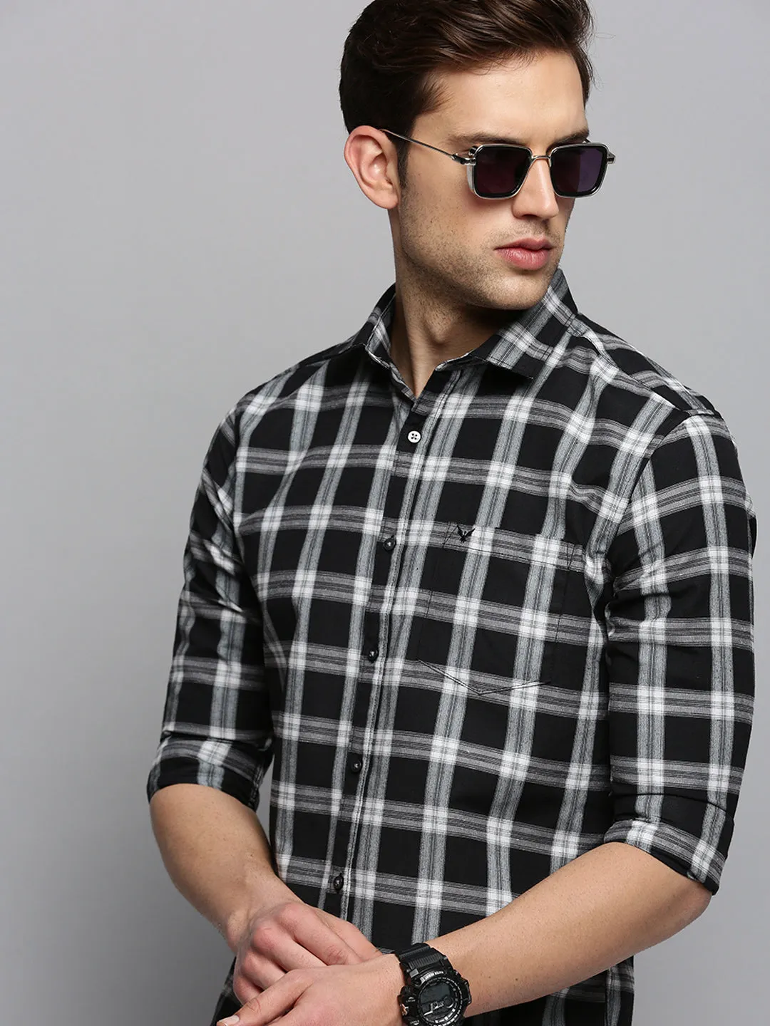 Men Black Classic Tartan Checked Casual Cotton Shirt