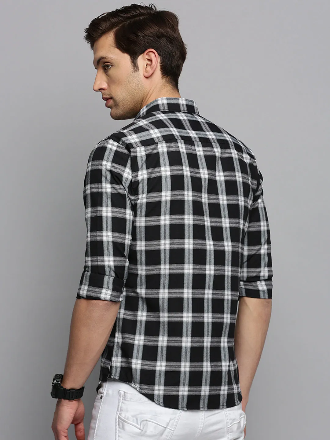 Men Black Classic Tartan Checked Casual Cotton Shirt