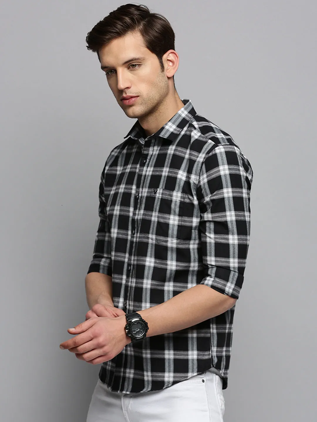 Men Black Classic Tartan Checked Casual Cotton Shirt
