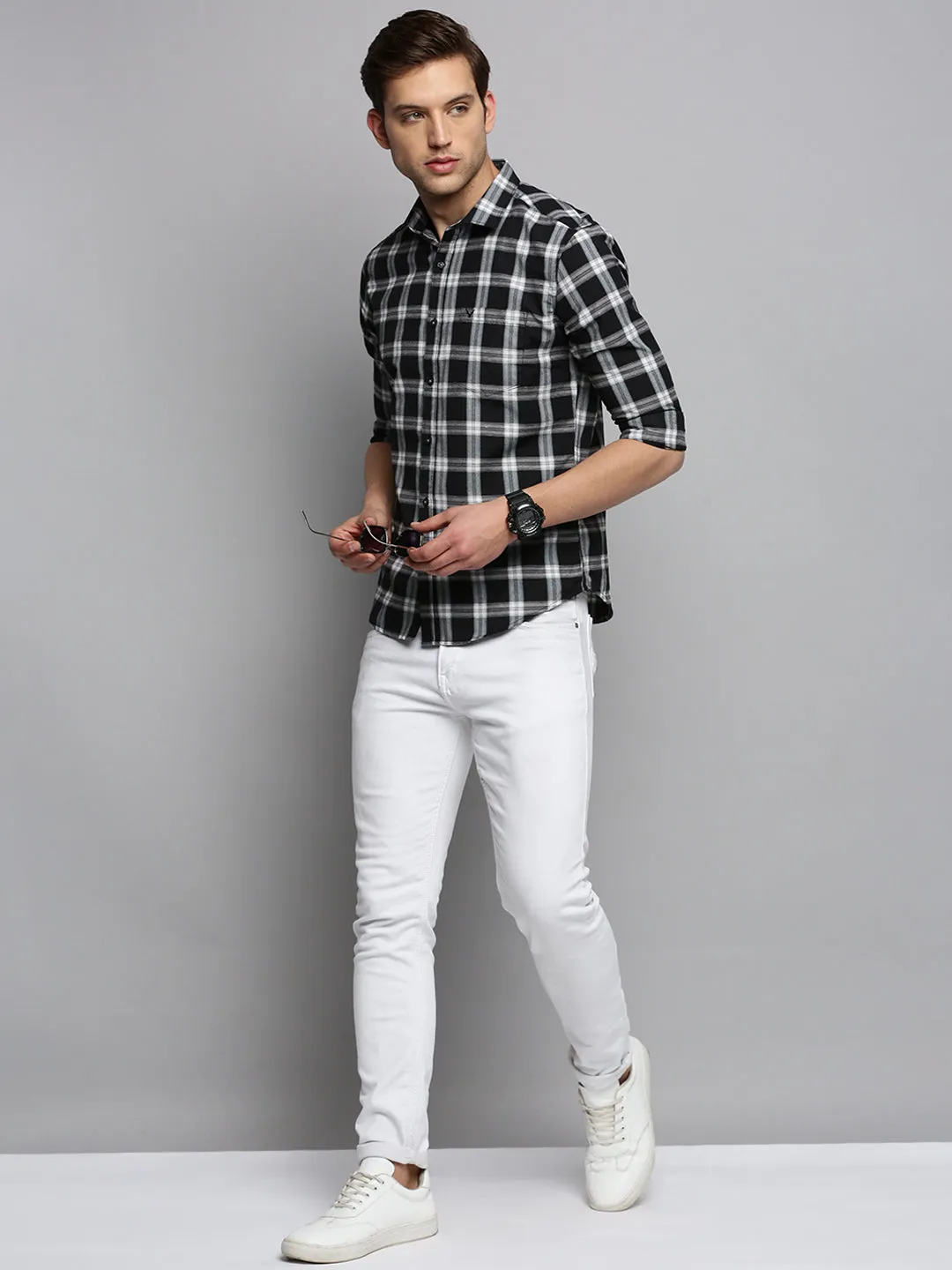 Men Black Classic Tartan Checked Casual Cotton Shirt