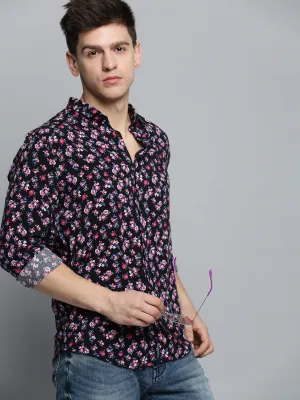 Men Black Comfort Floral Printed Casual Cotton Shirt