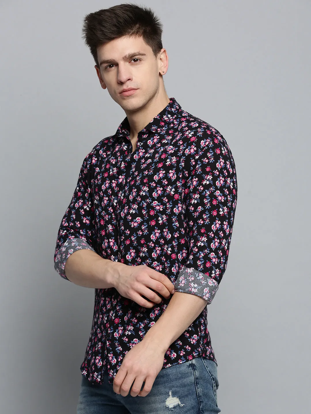 Men Black Comfort Floral Printed Casual Cotton Shirt