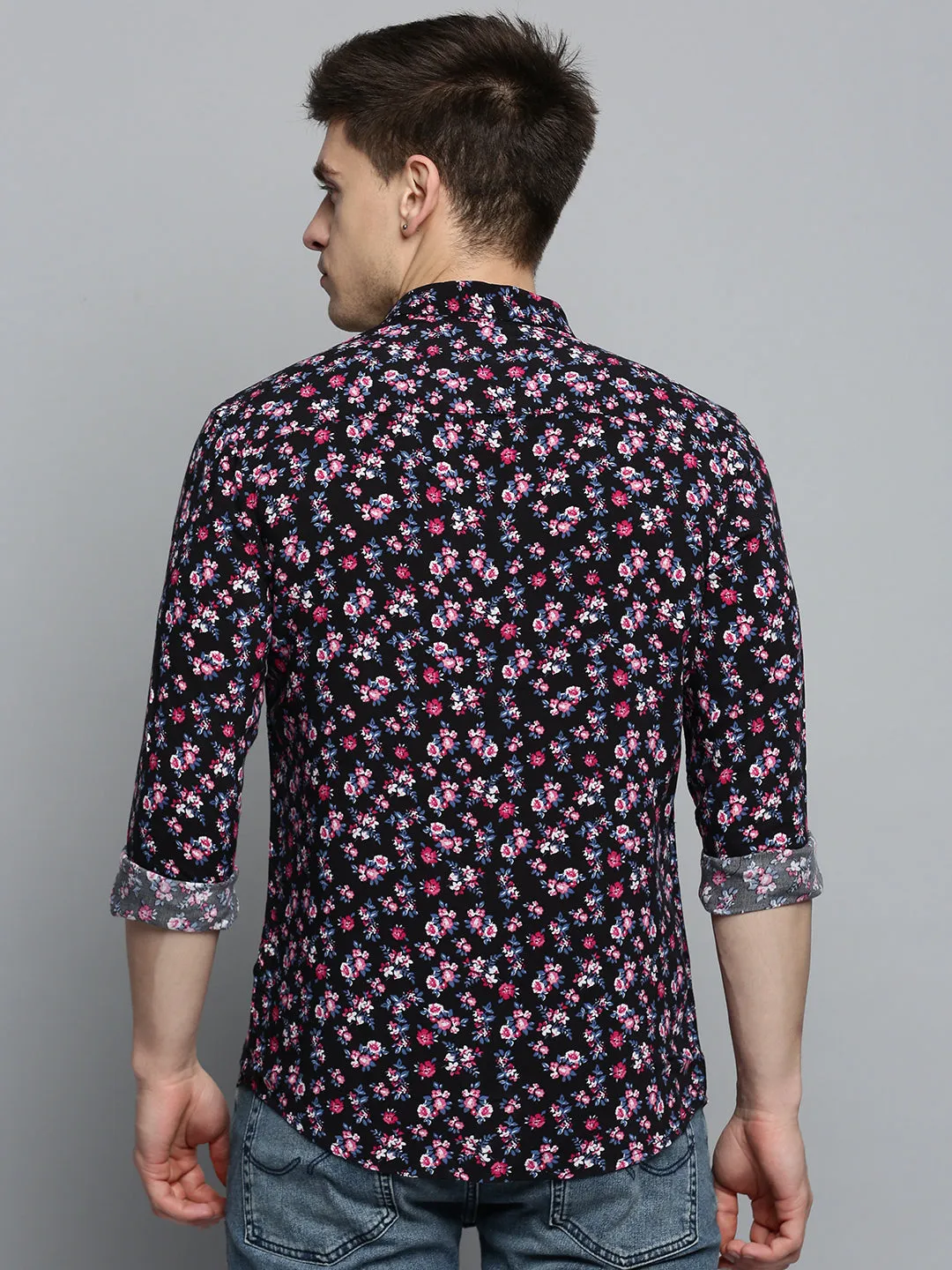 Men Black Comfort Floral Printed Casual Cotton Shirt