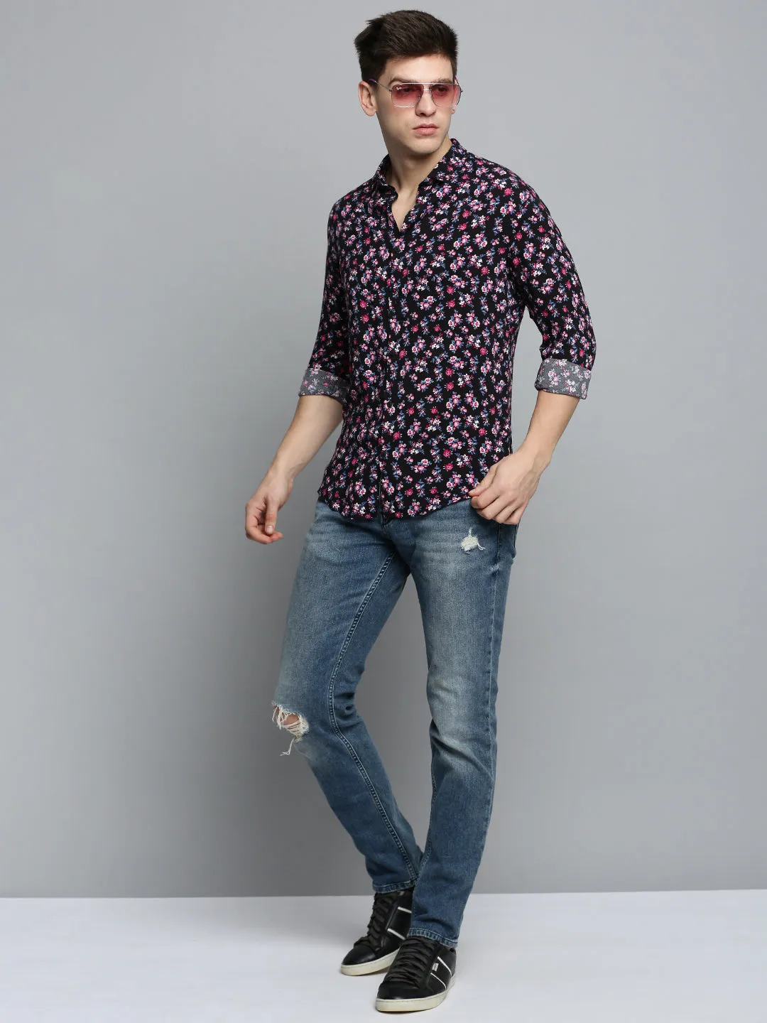 Men Black Comfort Floral Printed Casual Cotton Shirt