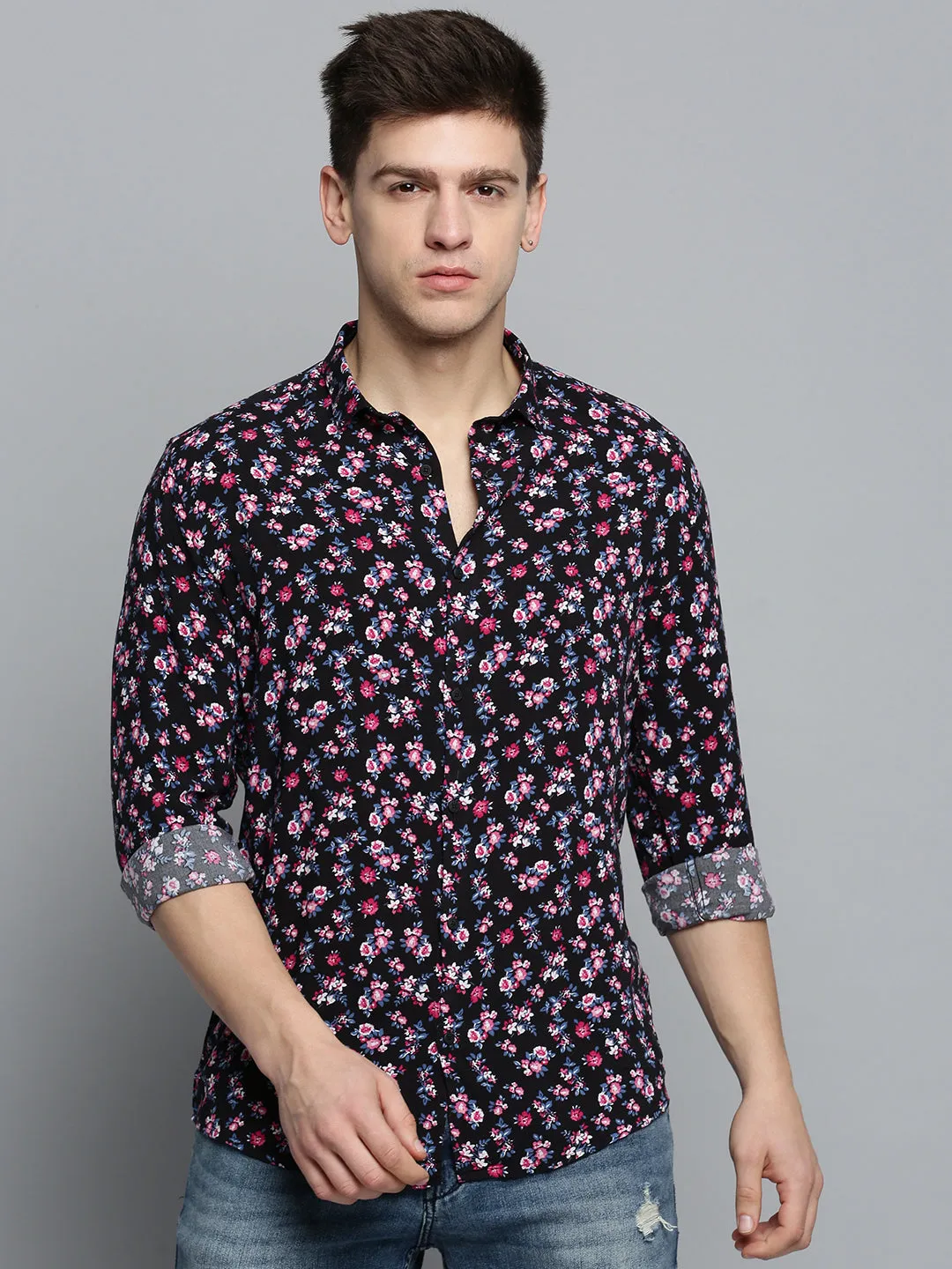 Men Black Comfort Floral Printed Casual Cotton Shirt
