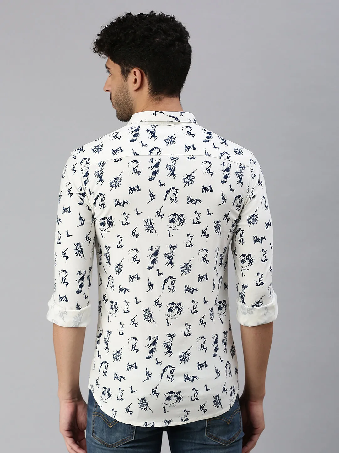 Men Cream Comfort Printed Casual Shirt
