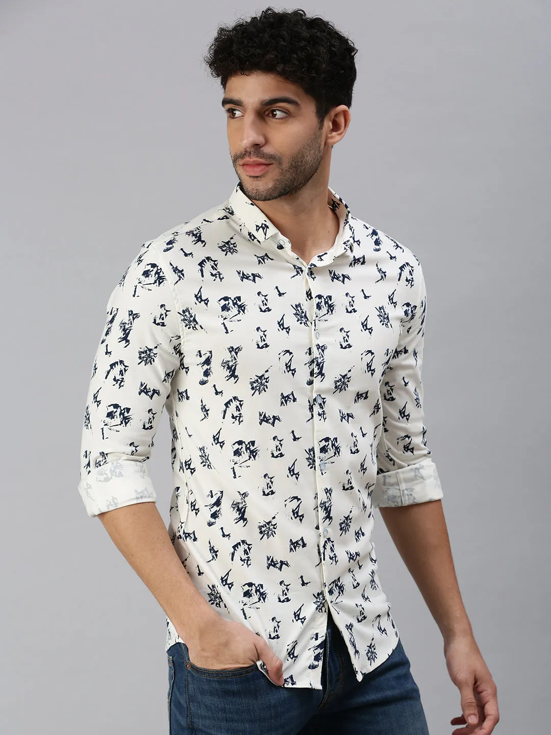 Men Cream Comfort Printed Casual Shirt