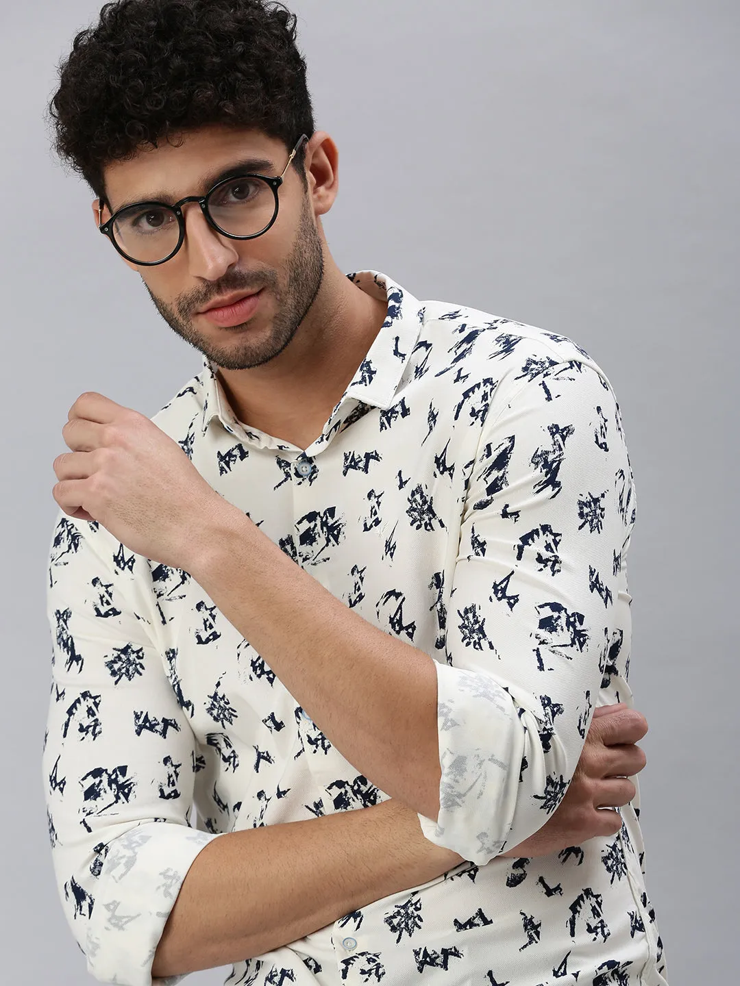 Men Cream Comfort Printed Casual Shirt