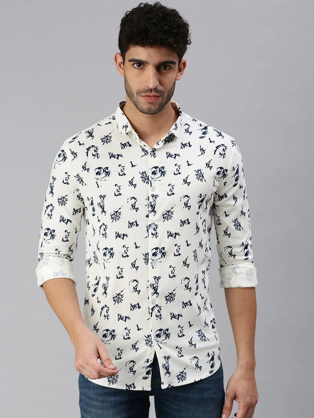 Men Cream Comfort Printed Casual Shirt